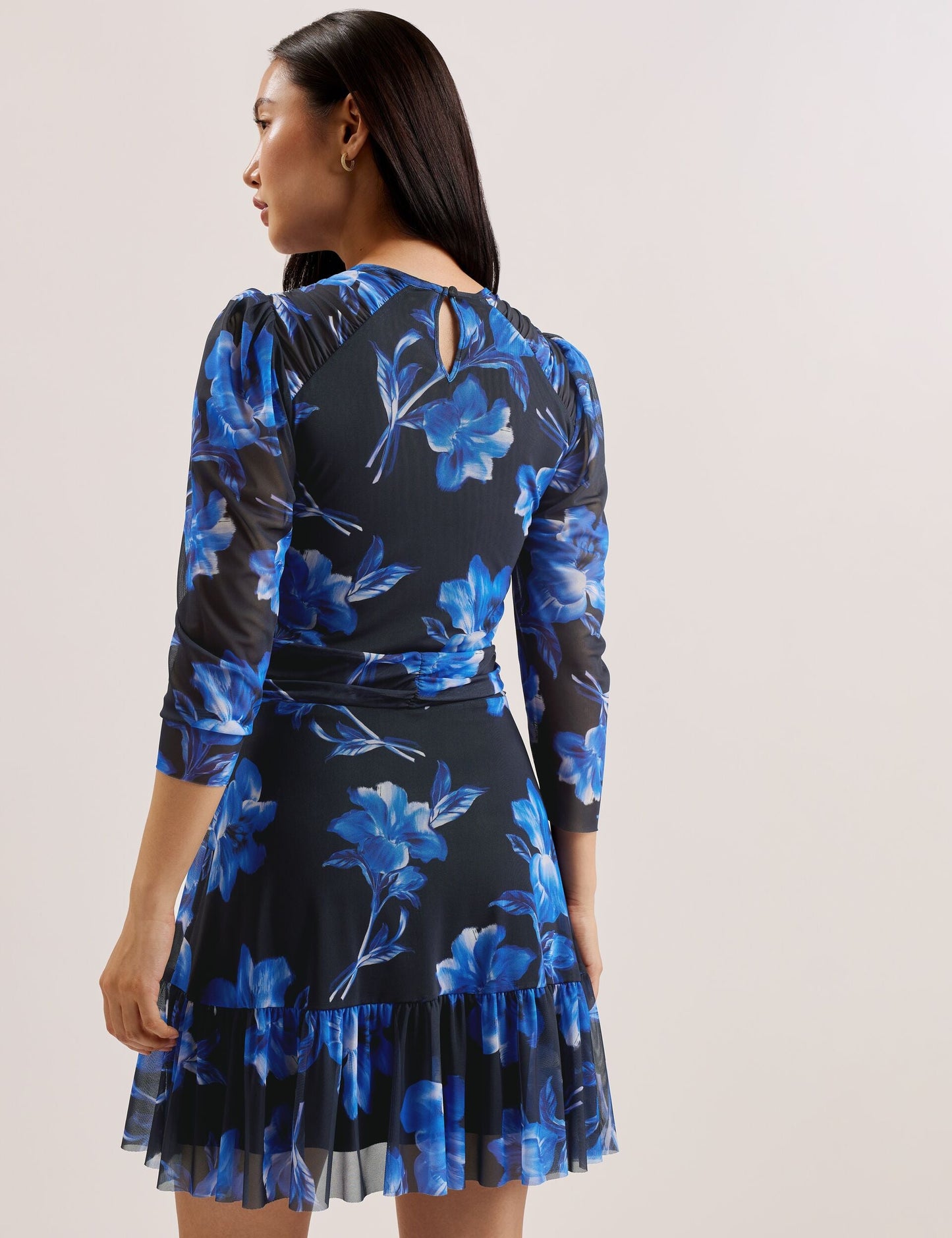 Ted Baker CARMALL - Floral Puff Sleeve Mesh Mini Dress BLUE