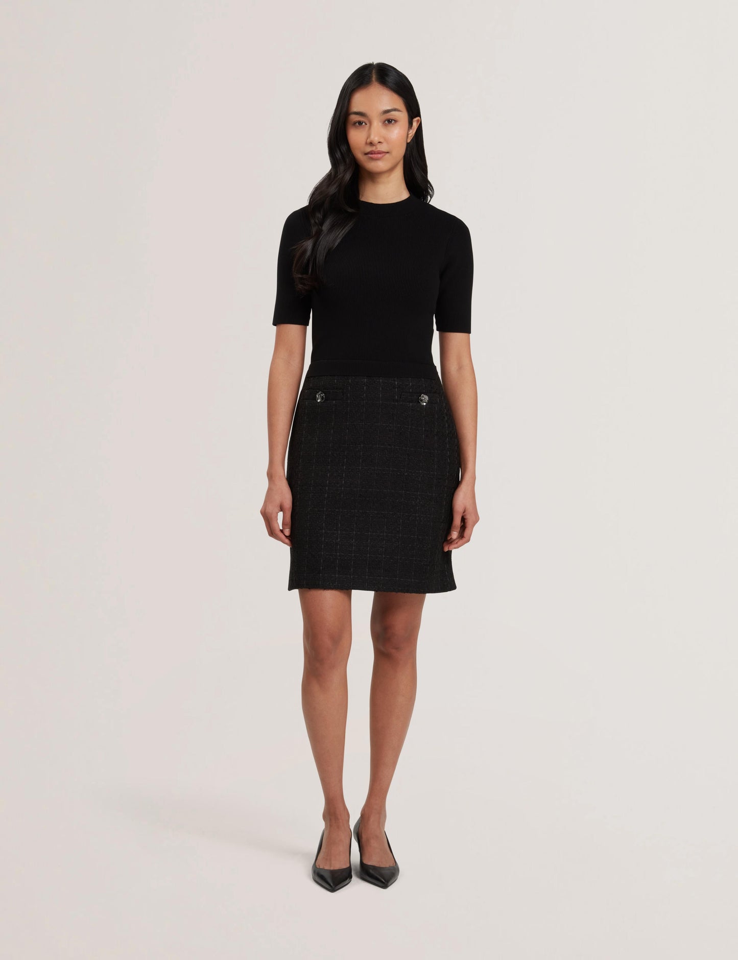 Ted Baker KOMAM - Boucle A-Line Mini Dress With Knit Bodice BLACK