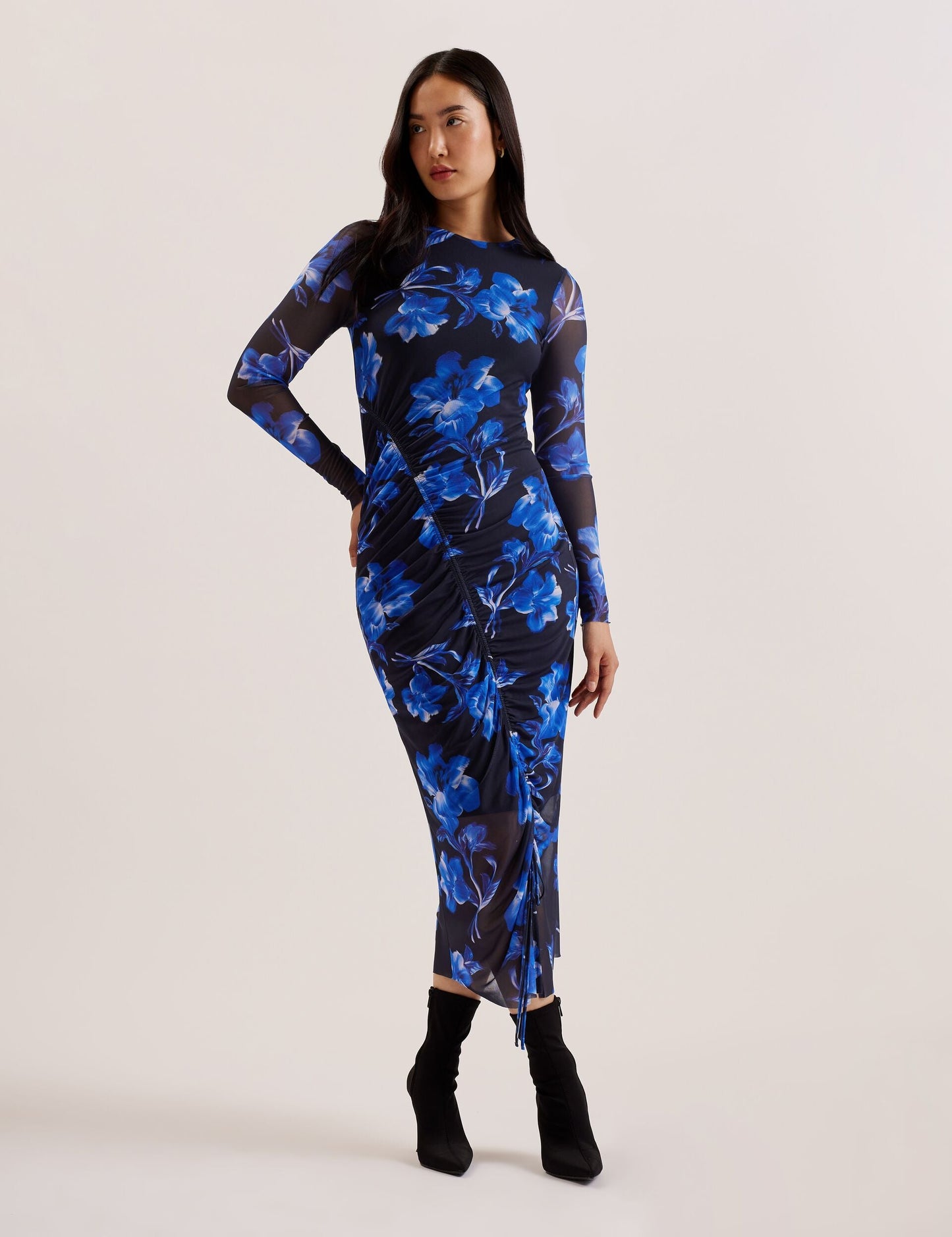 Ted Baker MARLIYY - Floral Print Bodycon Mesh Midi Dress BLUE