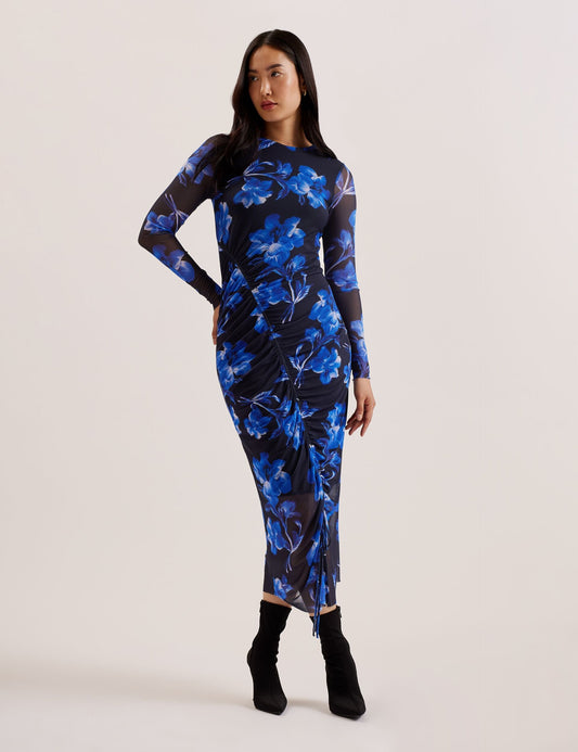 Ted Baker MARLIYY - Floral Print Bodycon Mesh Midi Dress BLUE