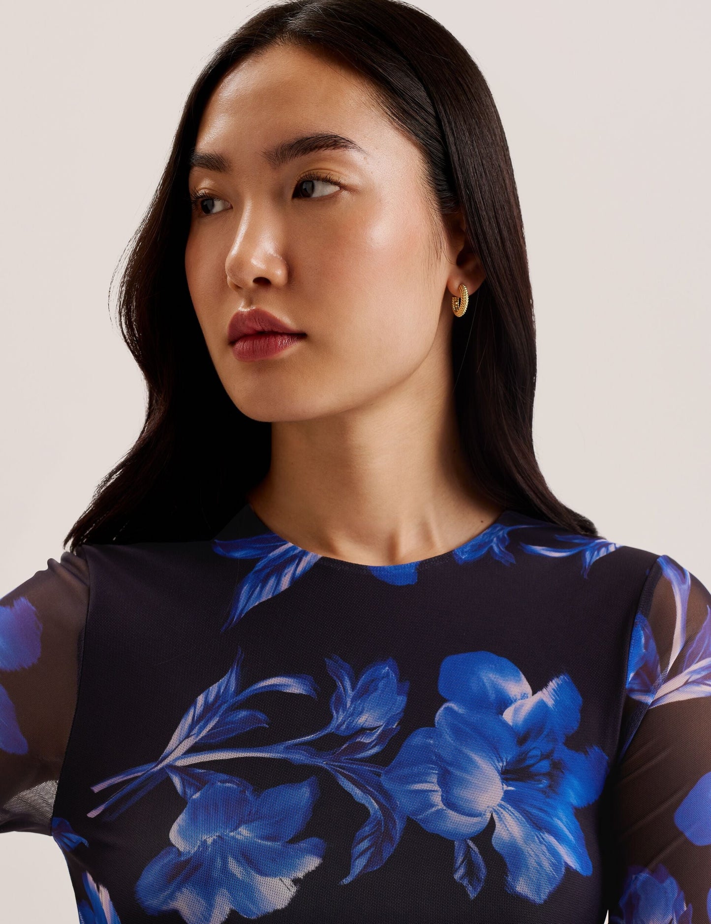 Ted Baker MARLIYY - Floral Print Bodycon Mesh Midi Dress BLUE