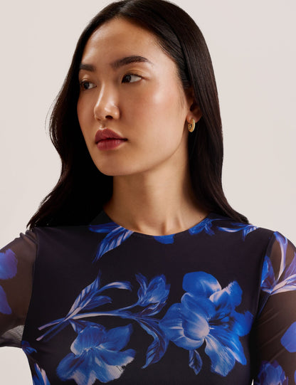 Ted Baker MARLIYY - Floral Print Bodycon Mesh Midi Dress BLUE