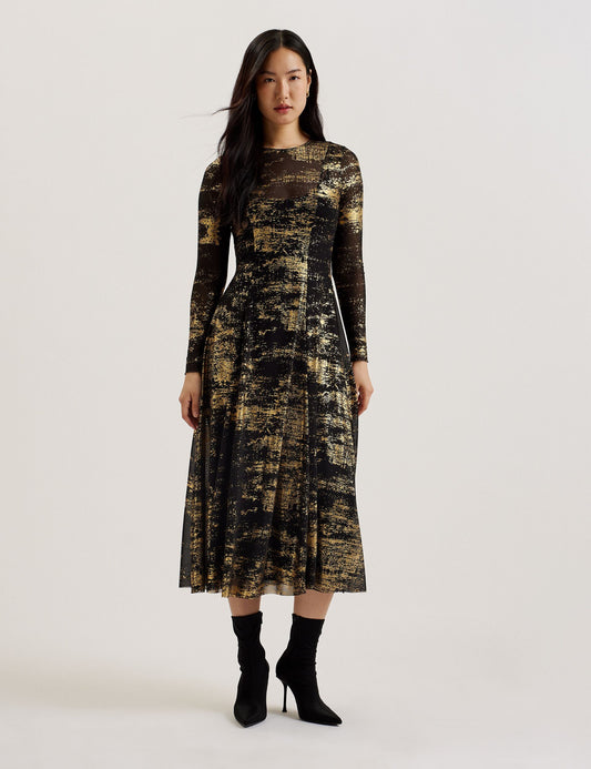 Ted Baker JUNHAA - Foil Print Long Sleeve Mesh Midi Dress BLACK