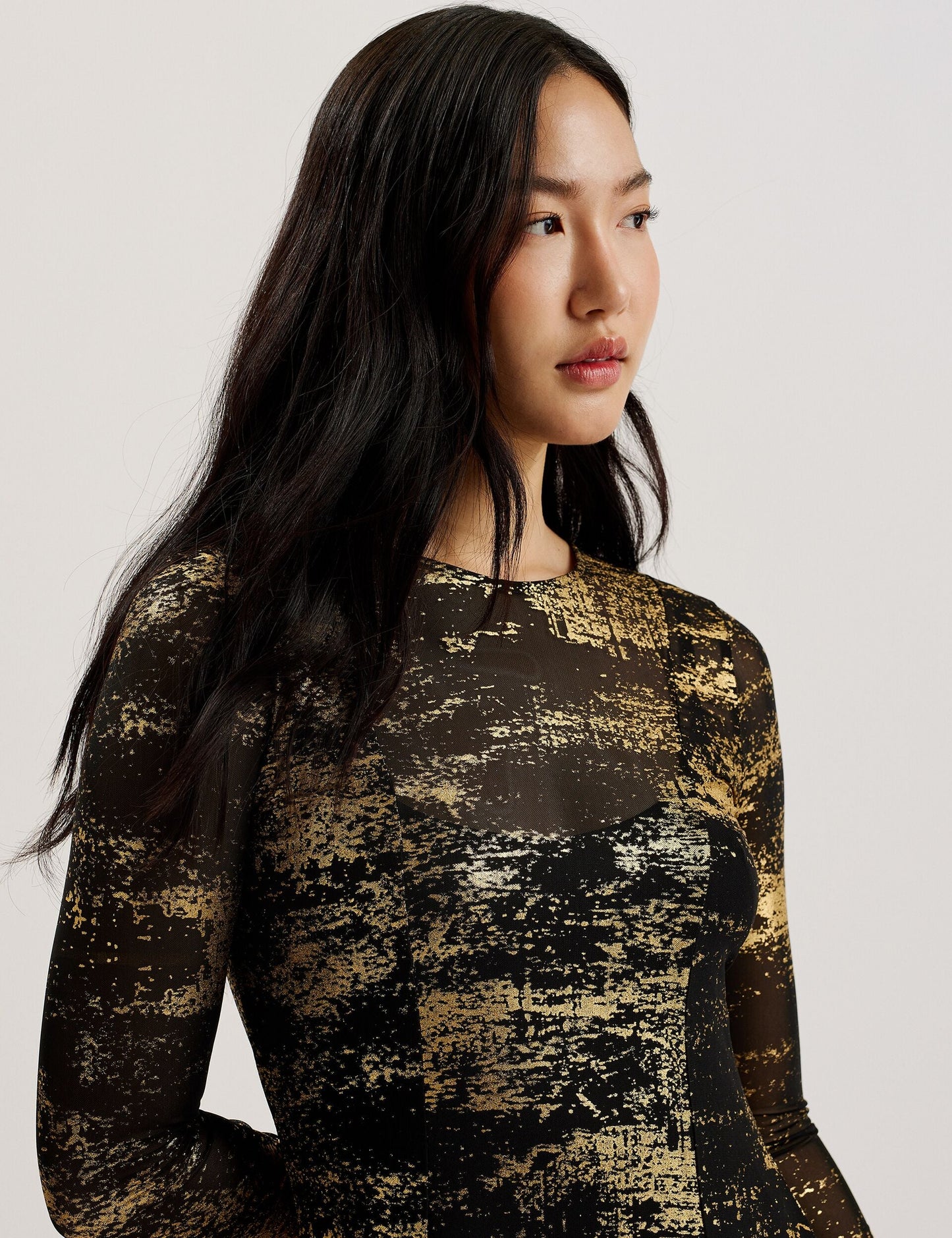 Ted Baker JUNHAA - Foil Print Long Sleeve Mesh Midi Dress BLACK
