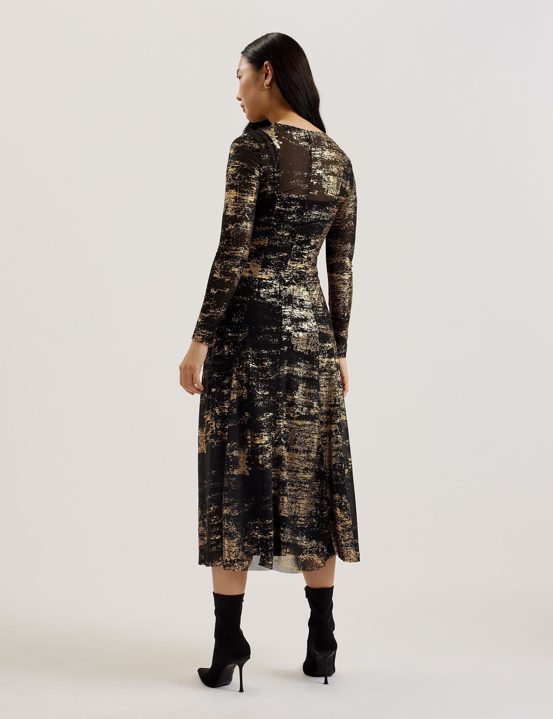 Ted Baker JUNHAA - Foil Print Long Sleeve Mesh Midi Dress BLACK