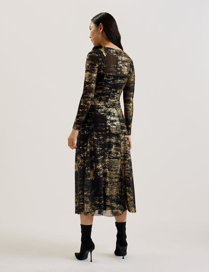 Ted Baker JUNHAA - Foil Print Long Sleeve Mesh Midi Dress BLACK