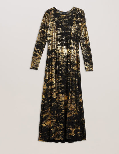 Ted Baker JUNHAA - Foil Print Long Sleeve Mesh Midi Dress BLACK