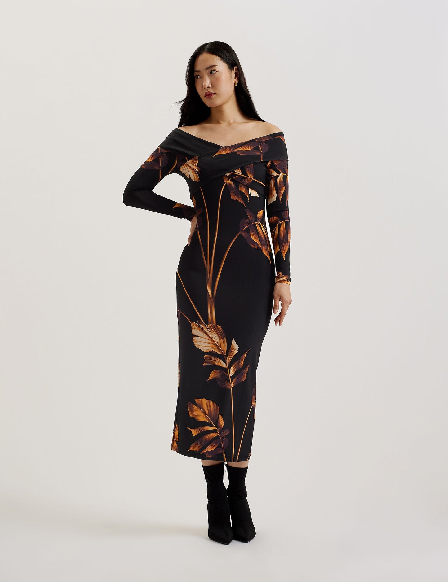 Ted Baker JOSEFEN - Printed Bardot Long Sleeve Midi Dress BLACK