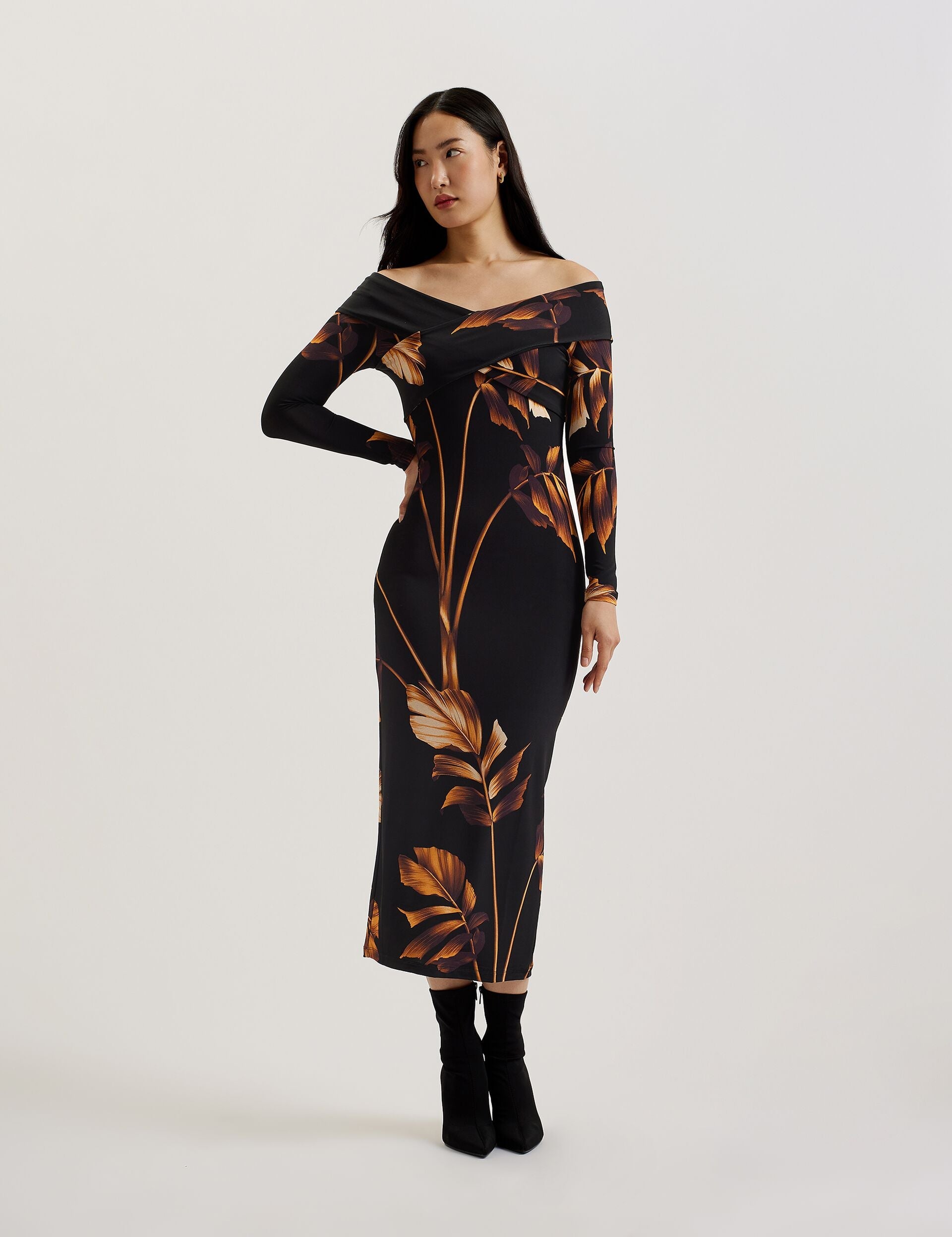 Ted Baker JOSEFEN - Printed Bardot Long Sleeve Midi Dress BLACK