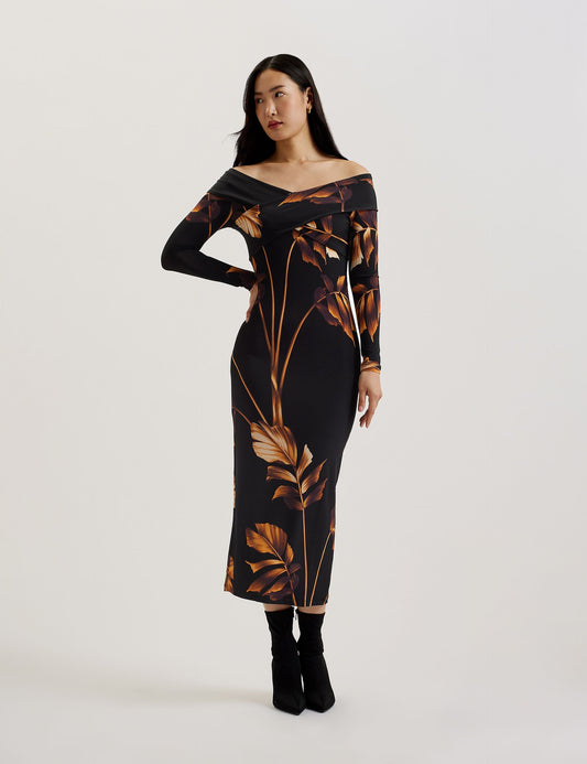 Ted Baker JOSEFEN - Printed Bardot Long Sleeve Midi Dress BLACK