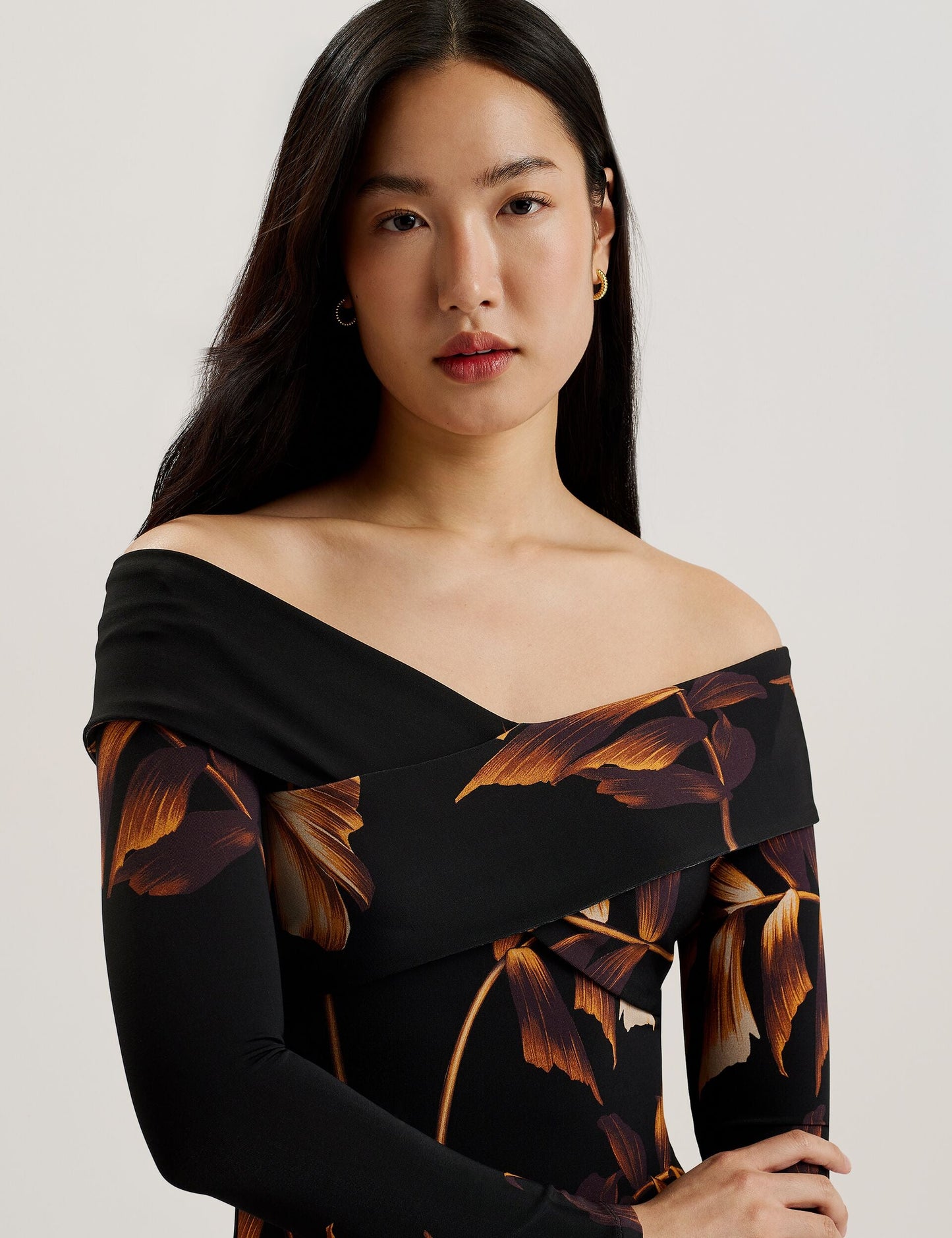 Ted Baker JOSEFEN - Printed Bardot Long Sleeve Midi Dress BLACK