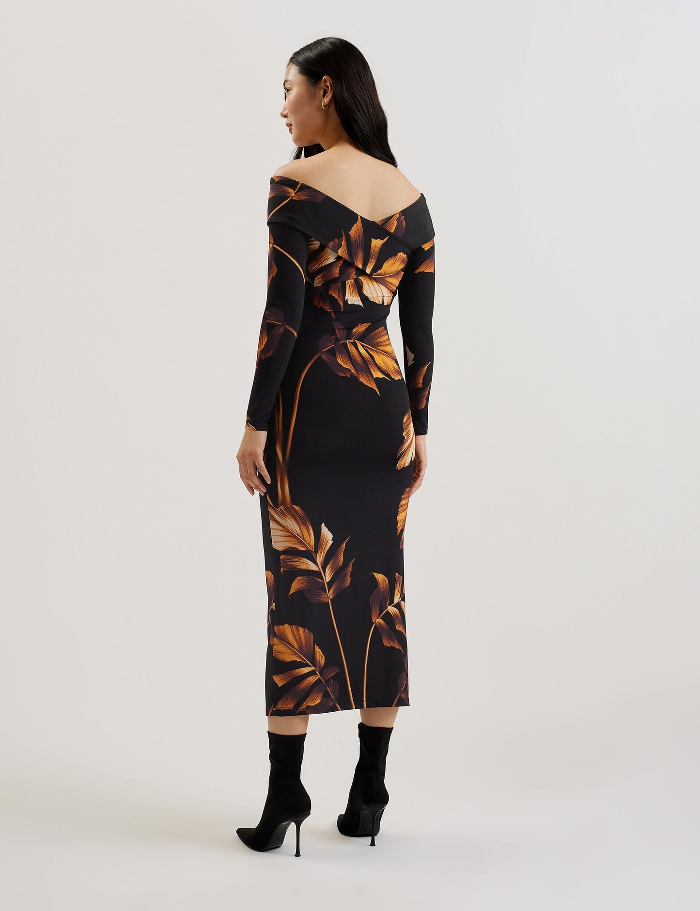 Ted Baker JOSEFEN - Printed Bardot Long Sleeve Midi Dress BLACK