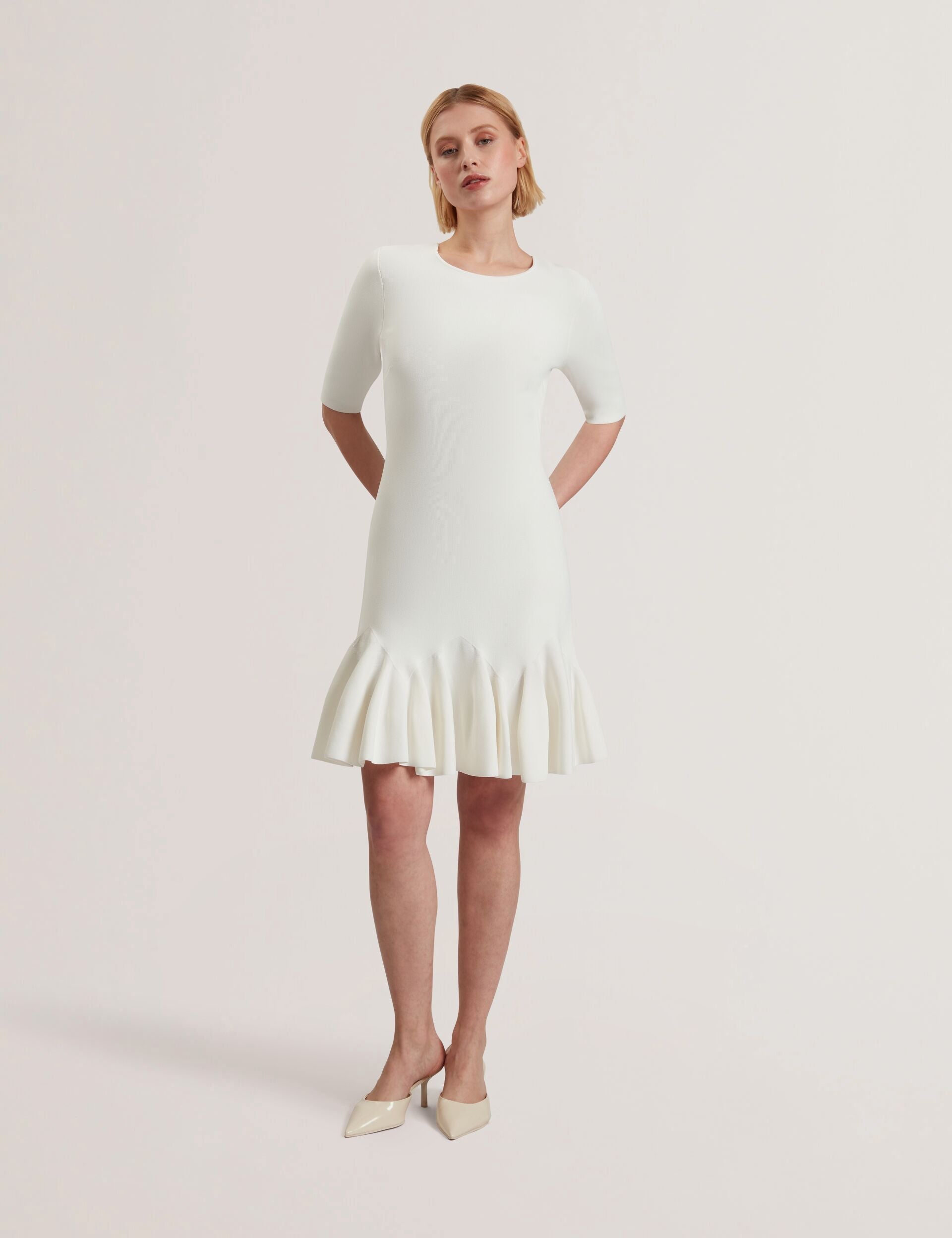 Ted Baker ALZANN - Pleated Hem Knitted Bodycon Mini Dress IVORY