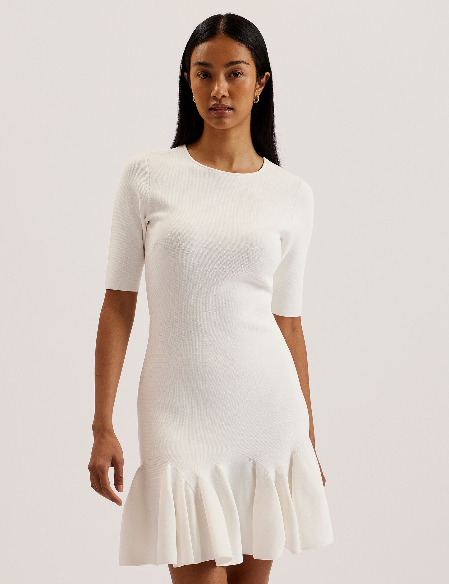 Ted Baker ALZANN - Pleated Hem Knitted Bodycon Mini Dress IVORY