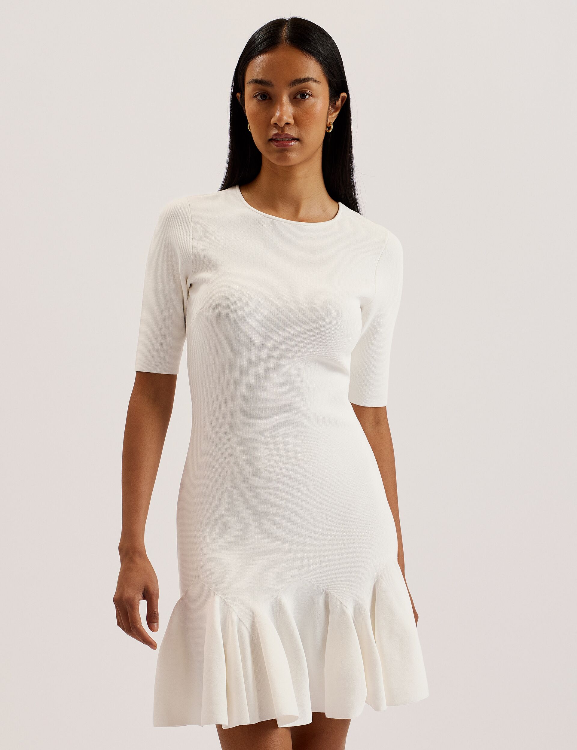 Ted Baker ALZANN - Pleated Hem Knitted Bodycon Mini Dress IVORY