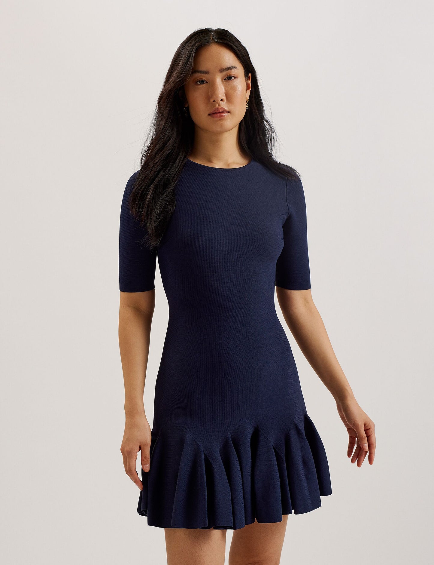 Ted Baker ALZANN - Pleated Hem Knitted Bodycon Mini Dress NAVY
