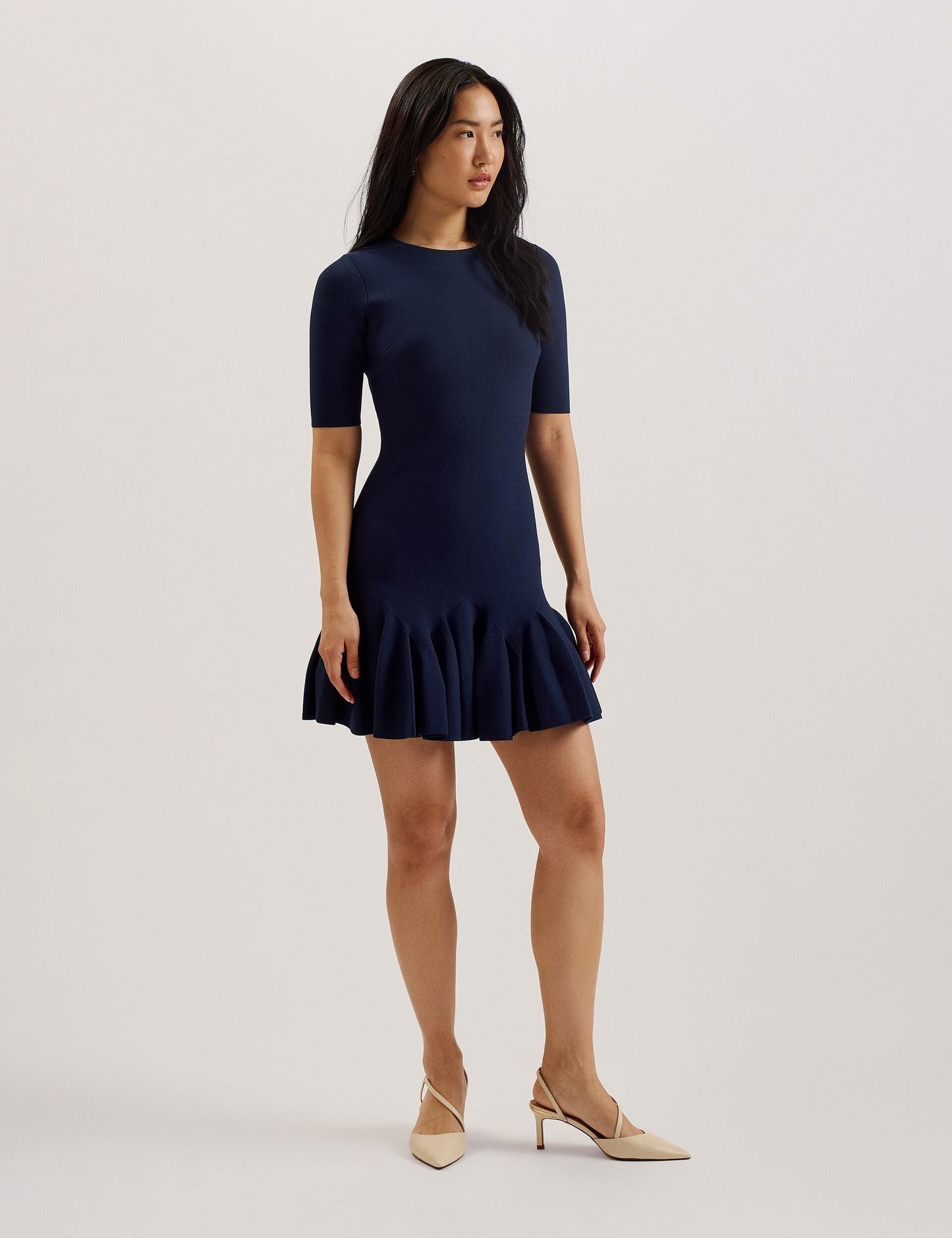 Ted Baker ALZANN - Pleated Hem Knitted Bodycon Mini Dress NAVY