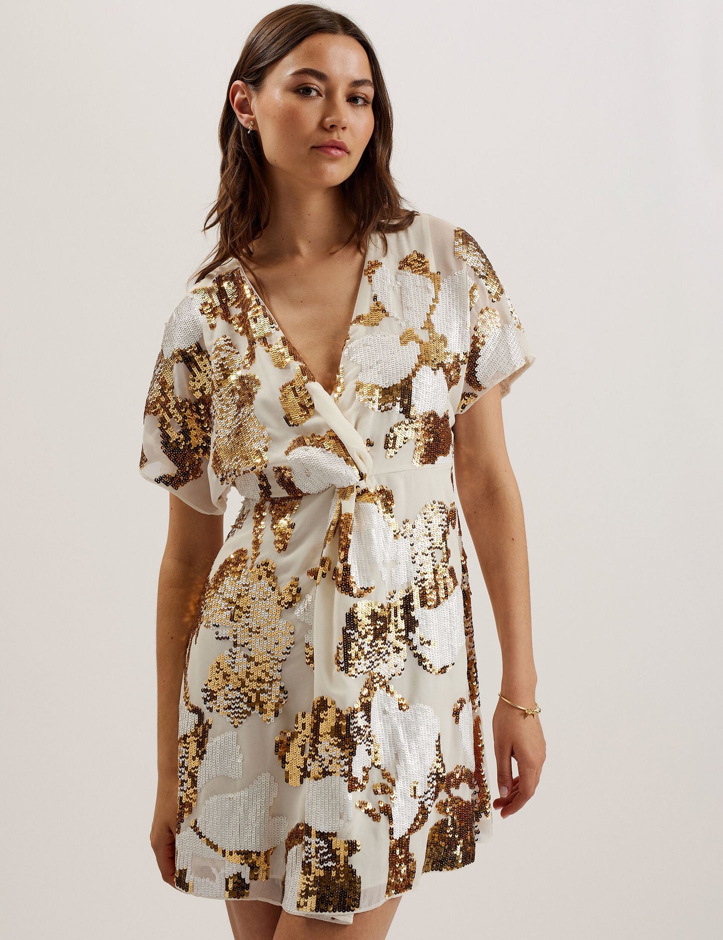 Ted Baker NOOSH - Knot Front V Neck sequin Mini Dress IVORY