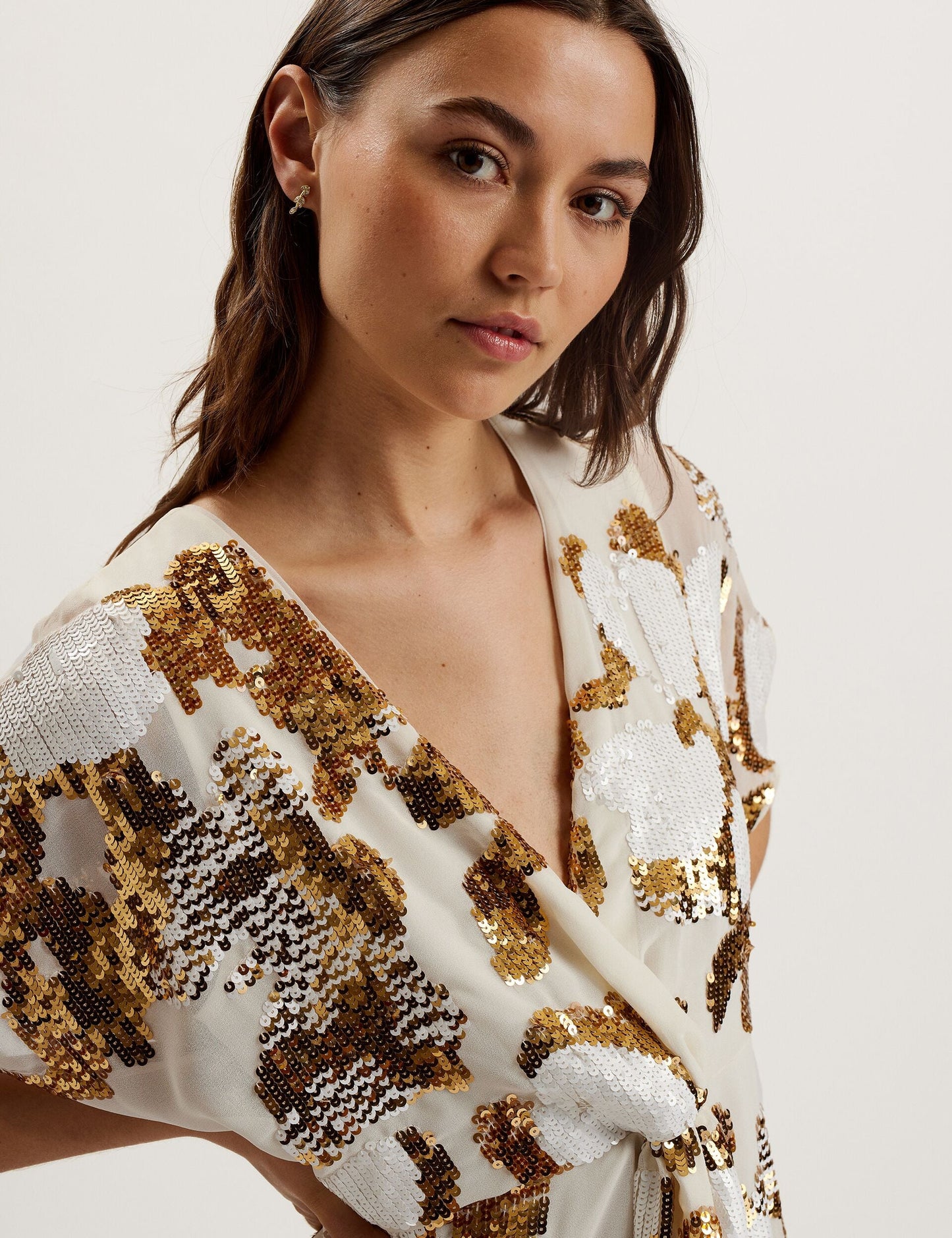 Ted Baker NOOSH - Knot Front V Neck sequin Mini Dress IVORY
