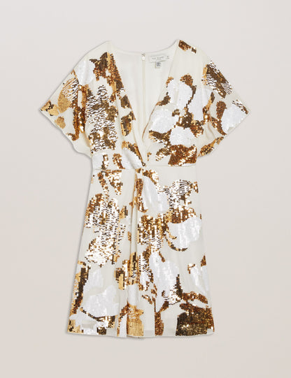 Ted Baker NOOSH - Knot Front V Neck sequin Mini Dress IVORY