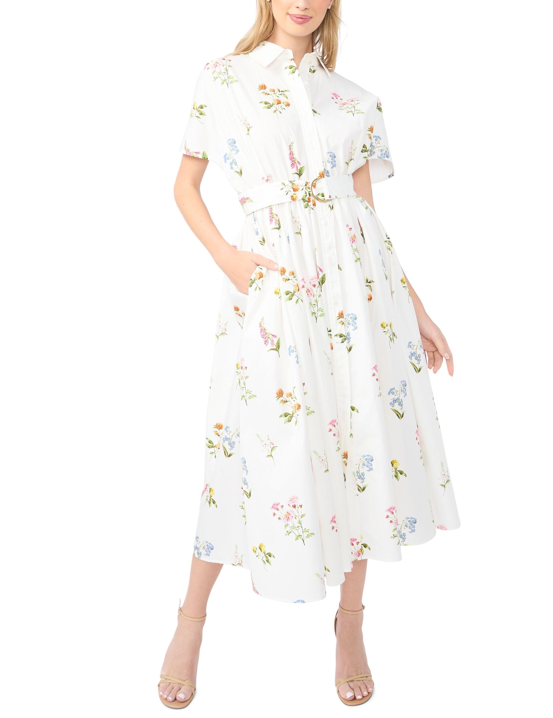 Ted Baker RILEY Floral Belted Midi Shirt Dress WHITE