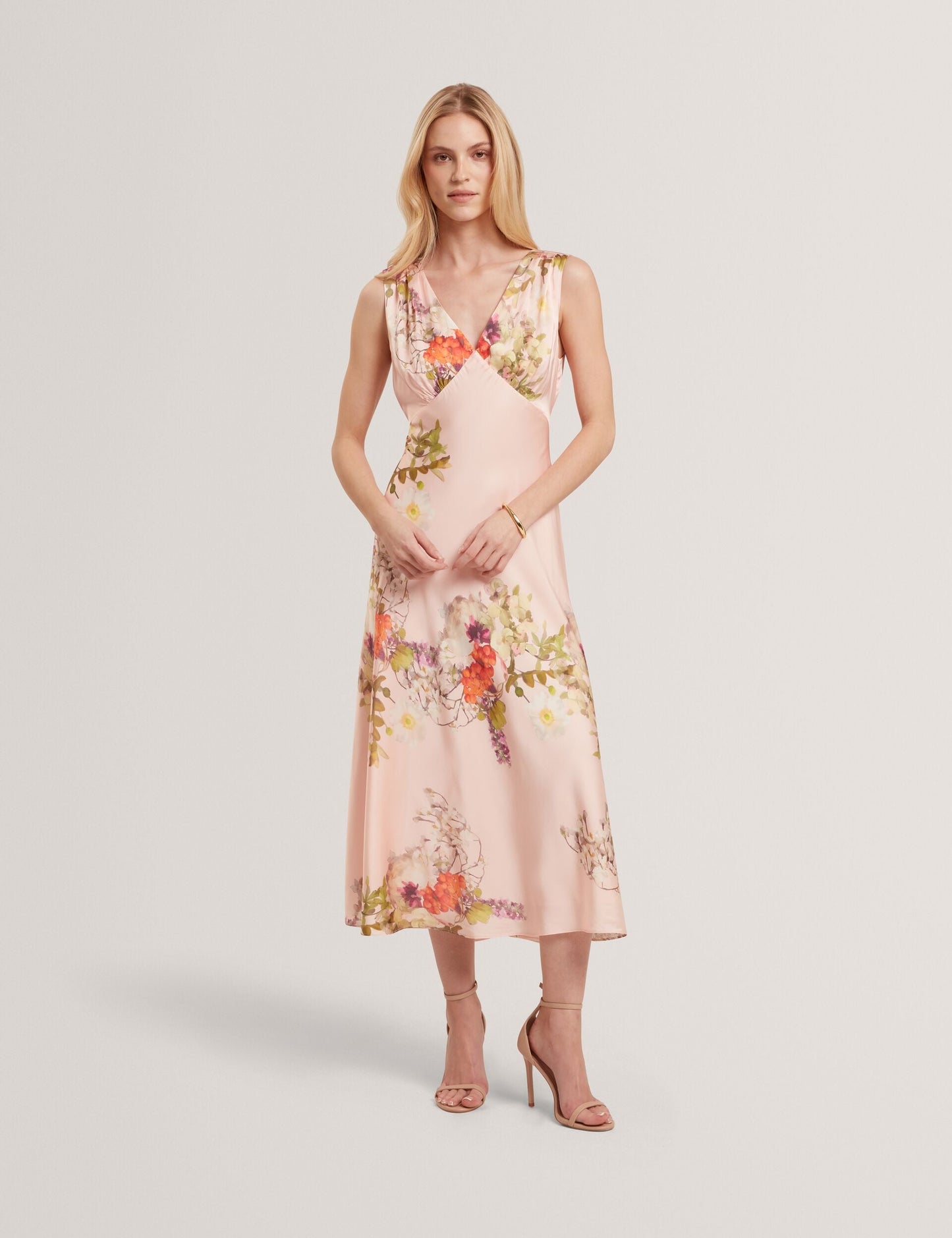 Ted Baker ALINA Floral Satin Low Cut Maxi Dress PALE PINK