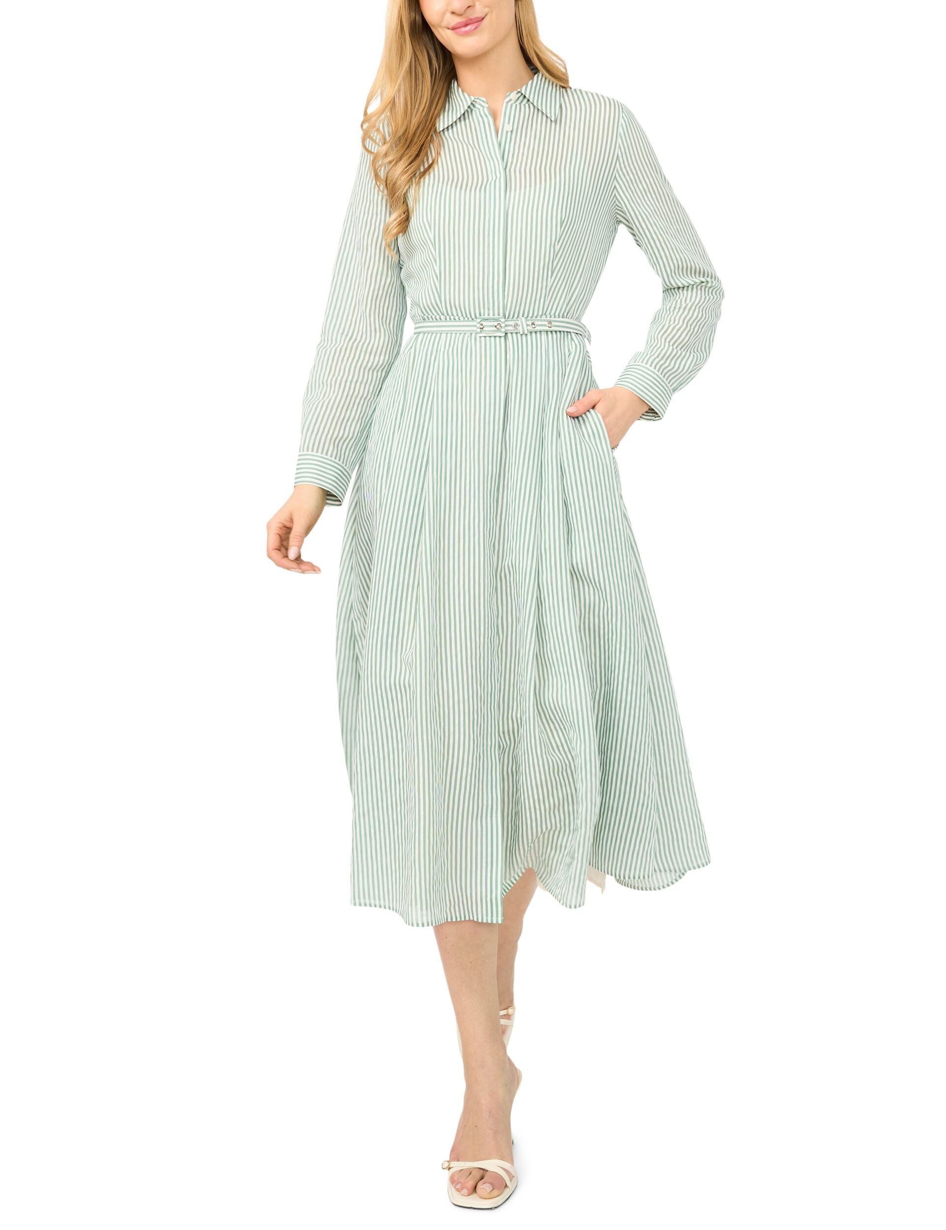 Ted Baker LYNN Striped Belted Midi Shirt Dress LIGHT GREEN