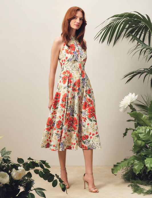 Ted Baker NOEMIA Floral Sleeveless Collared Midi Dress ECRU