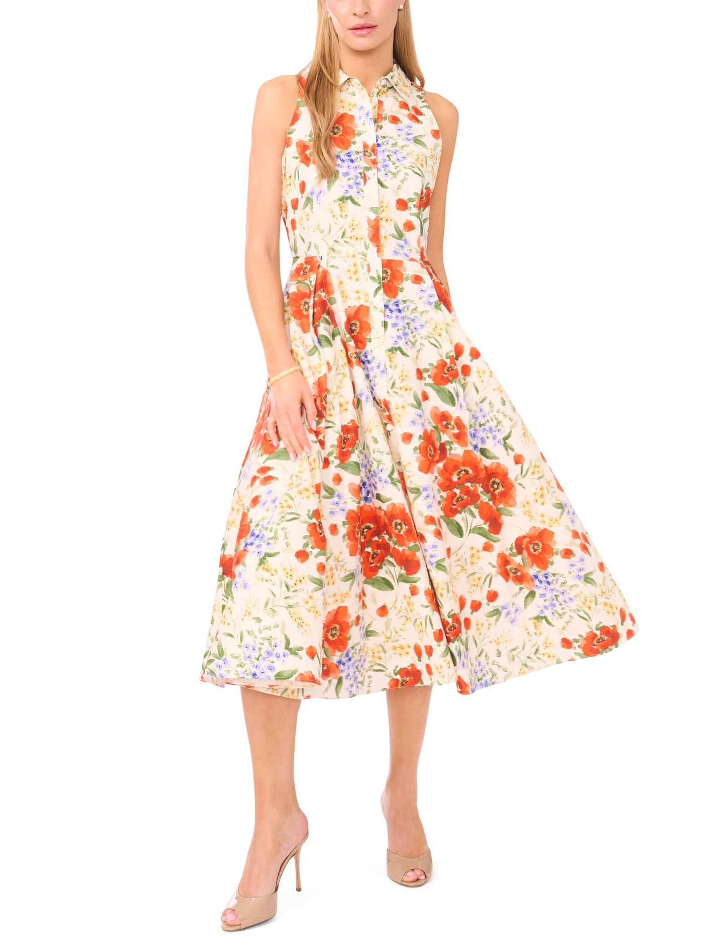 Ted Baker NOEMIA Floral Sleeveless Collared Midi Dress ECRU