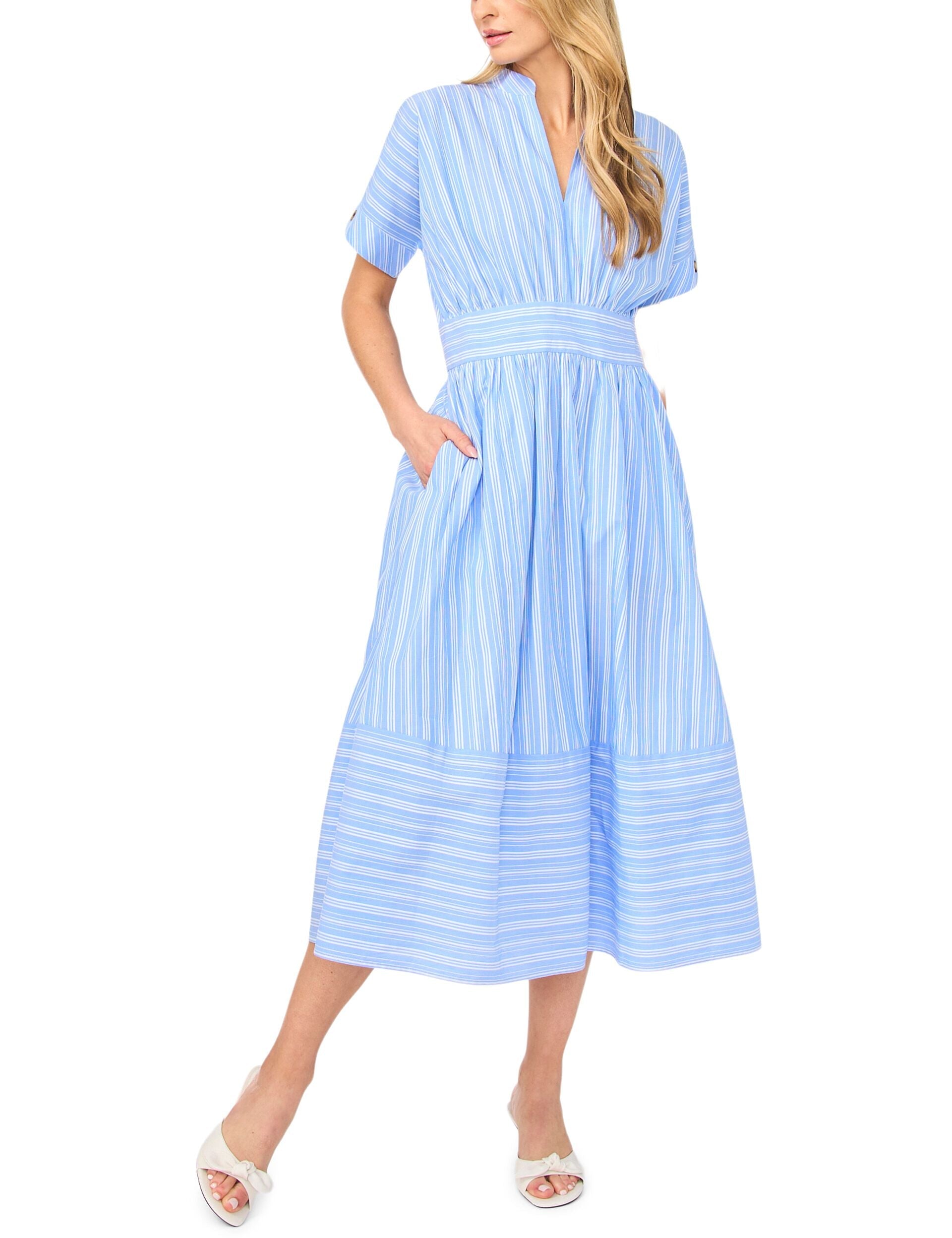 Ted Baker CHARLOTTE Striped Cotton V-Neck Midi Dress BRIGHT BLUE