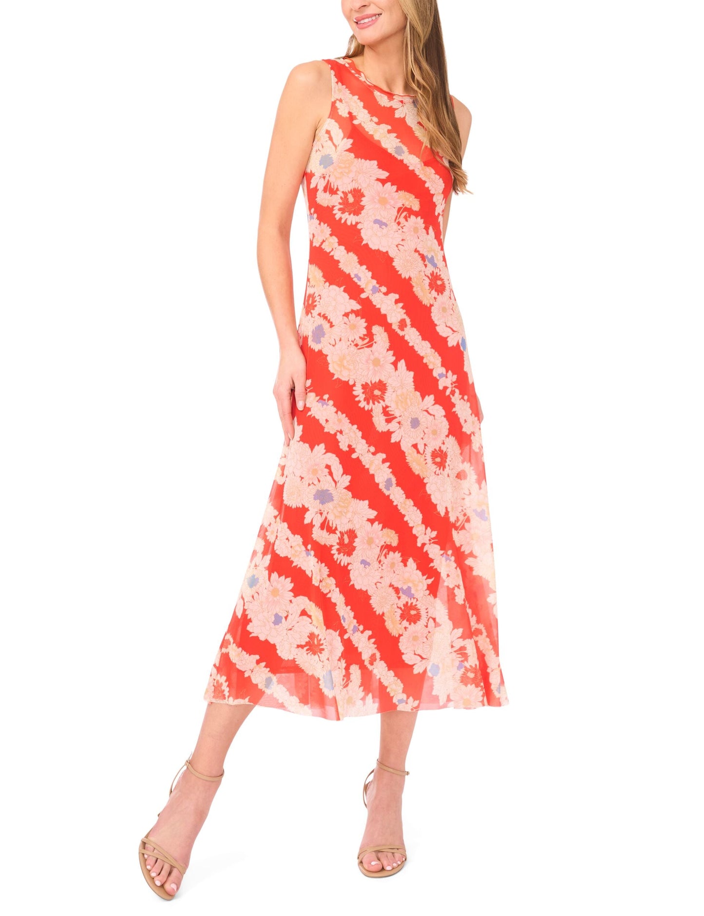 Ted Baker MARIELLA Floral Stripe Sleeveless Mesh Midi Dress BRIGHT ORANGE