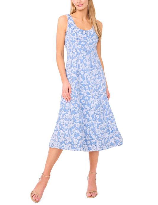 Ted Baker NARA Floral Denim Scoop Neck Midi Dress BRIGHT BLUE