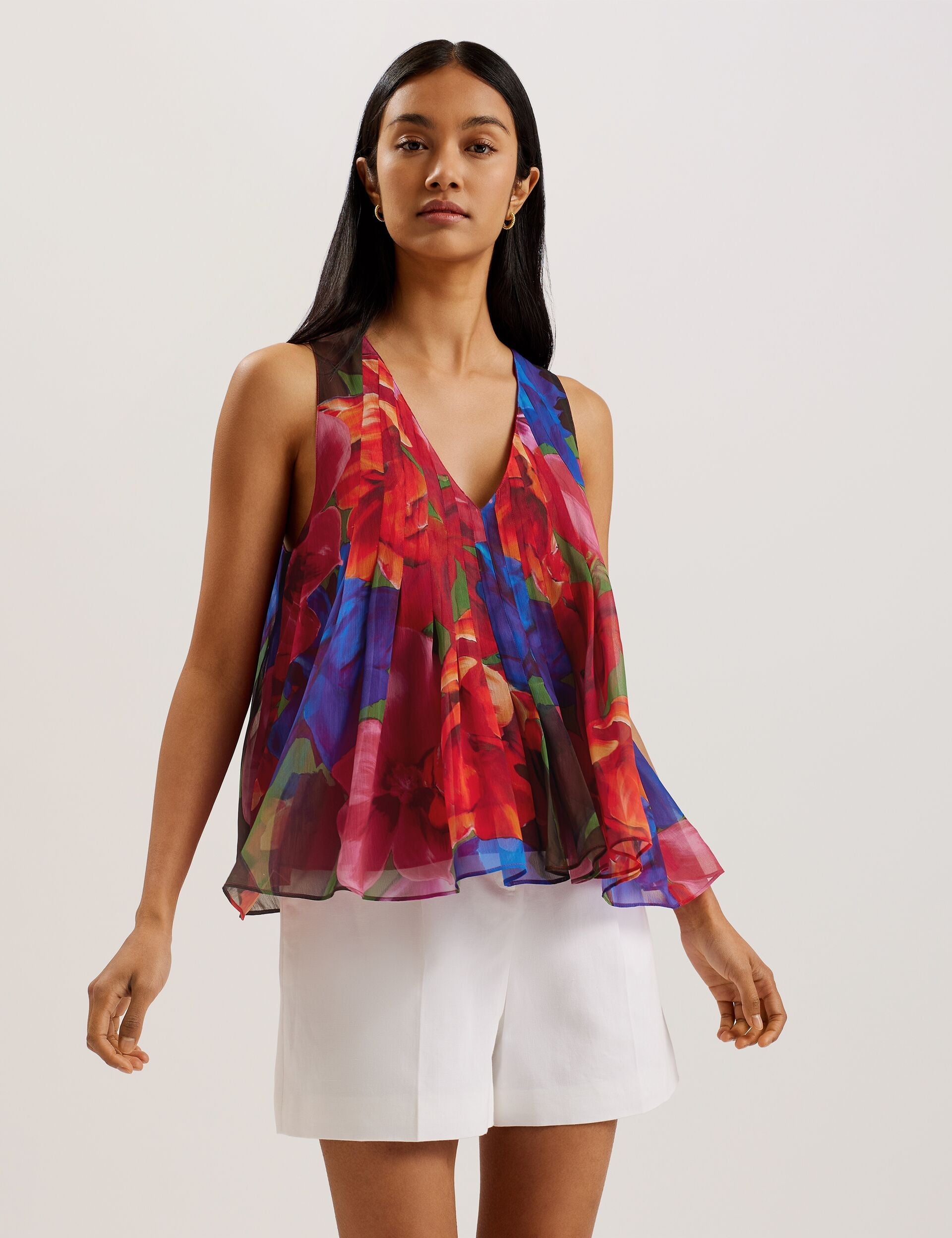 Ted Baker VERNOGE - Organza Tropical Bloom V neck Pleated Top MULTICOLOUR