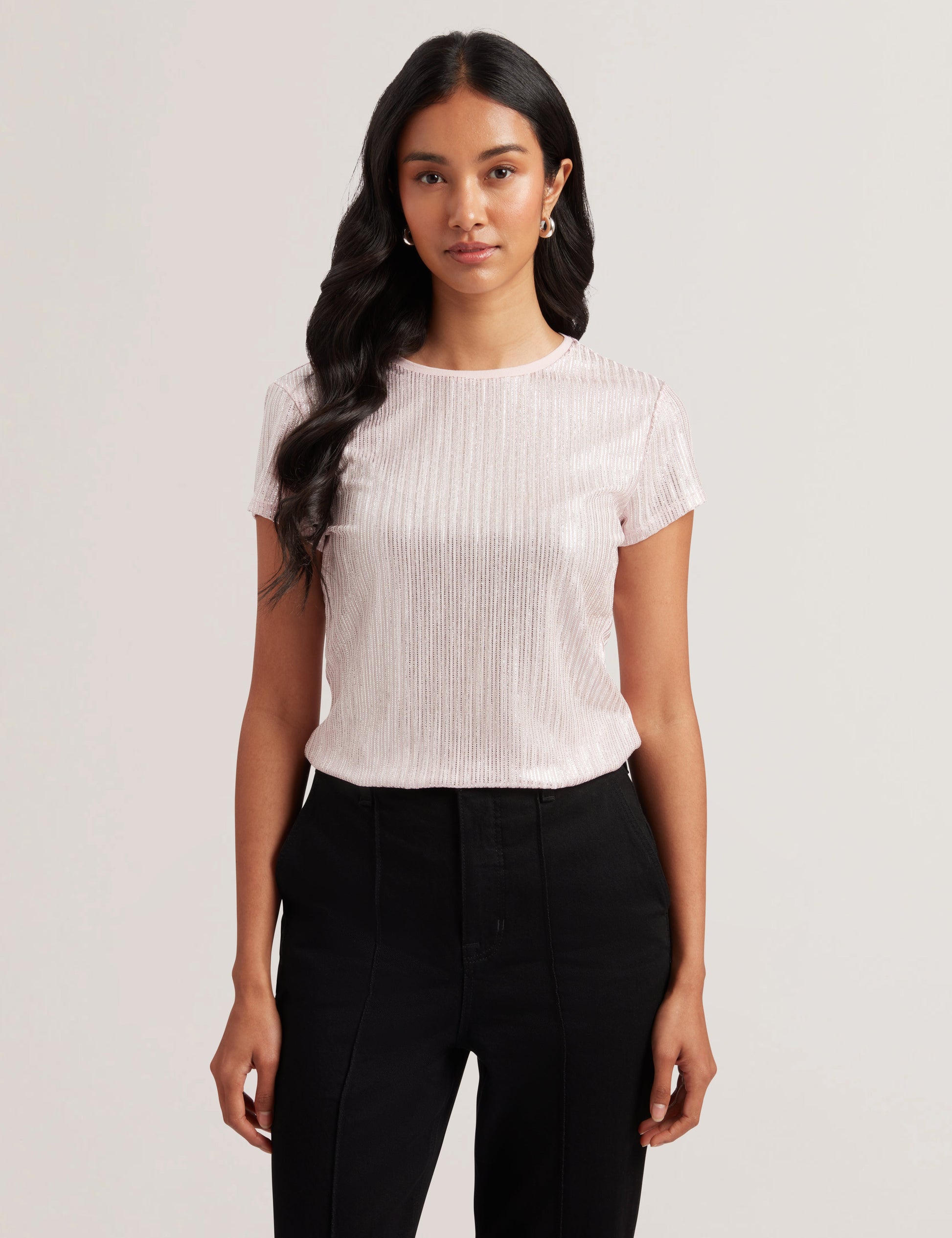 Ted Baker KATRINO - Ribbed Metallic Fitted T-Shirt LIGHT PINK