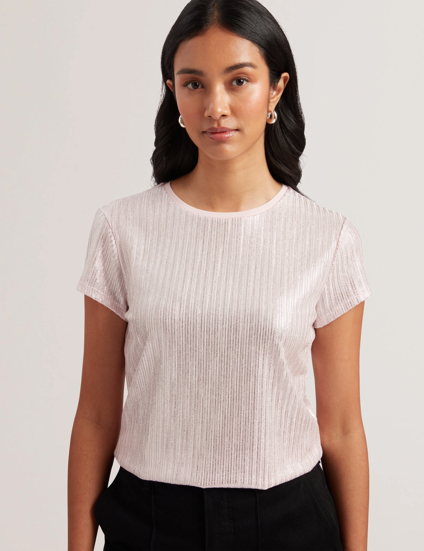 Ted Baker KATRINO - Ribbed Metallic Fitted T-Shirt LIGHT PINK