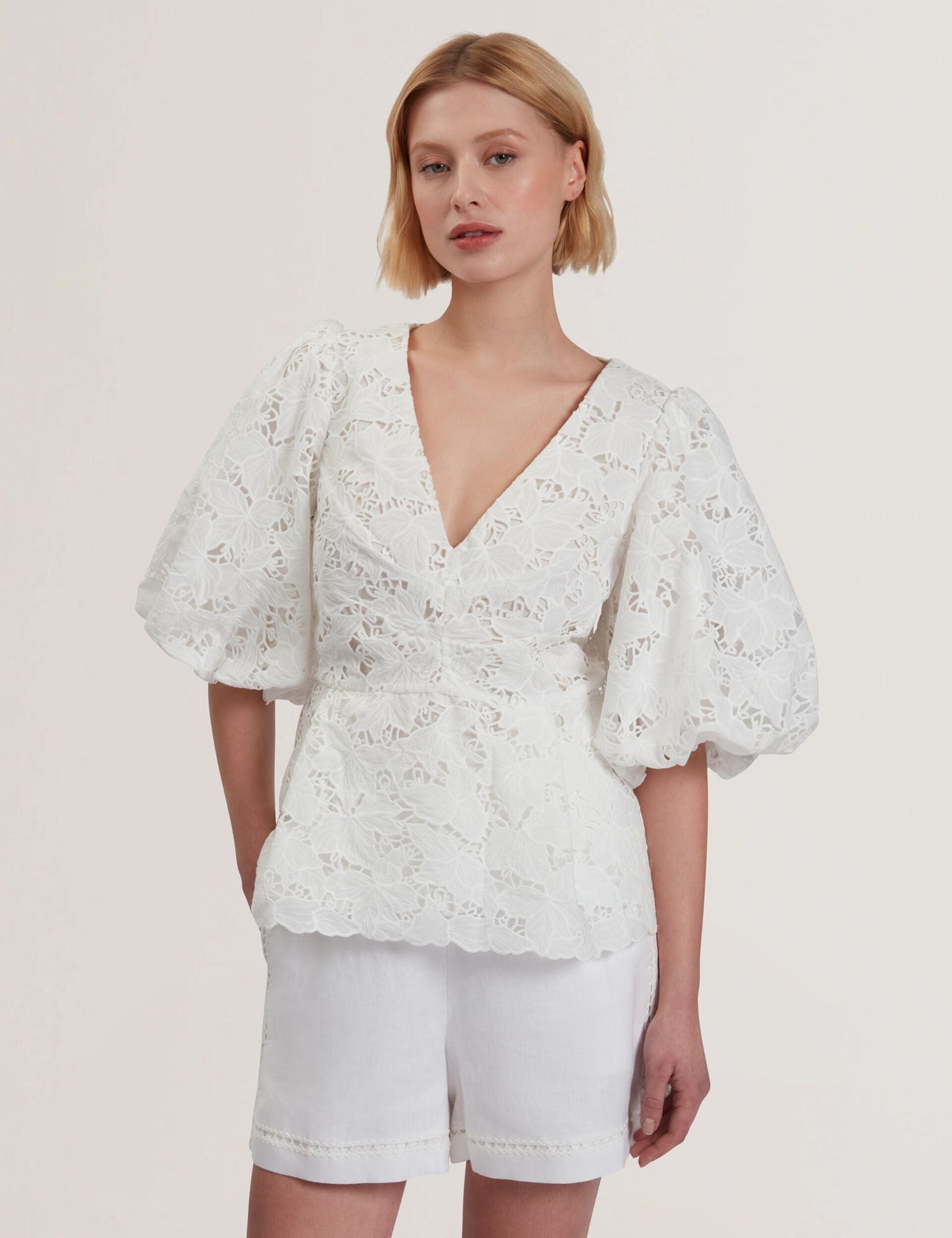 Ted Baker ELLARI - Lace Puff Sleeve V-Neck Peplum Top WHITE