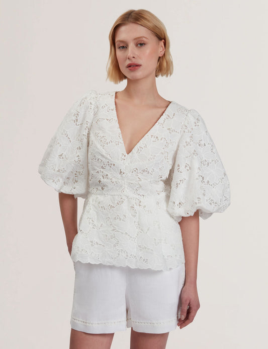 Ted Baker ELLARI - Lace Puff Sleeve V-Neck Peplum Top WHITE
