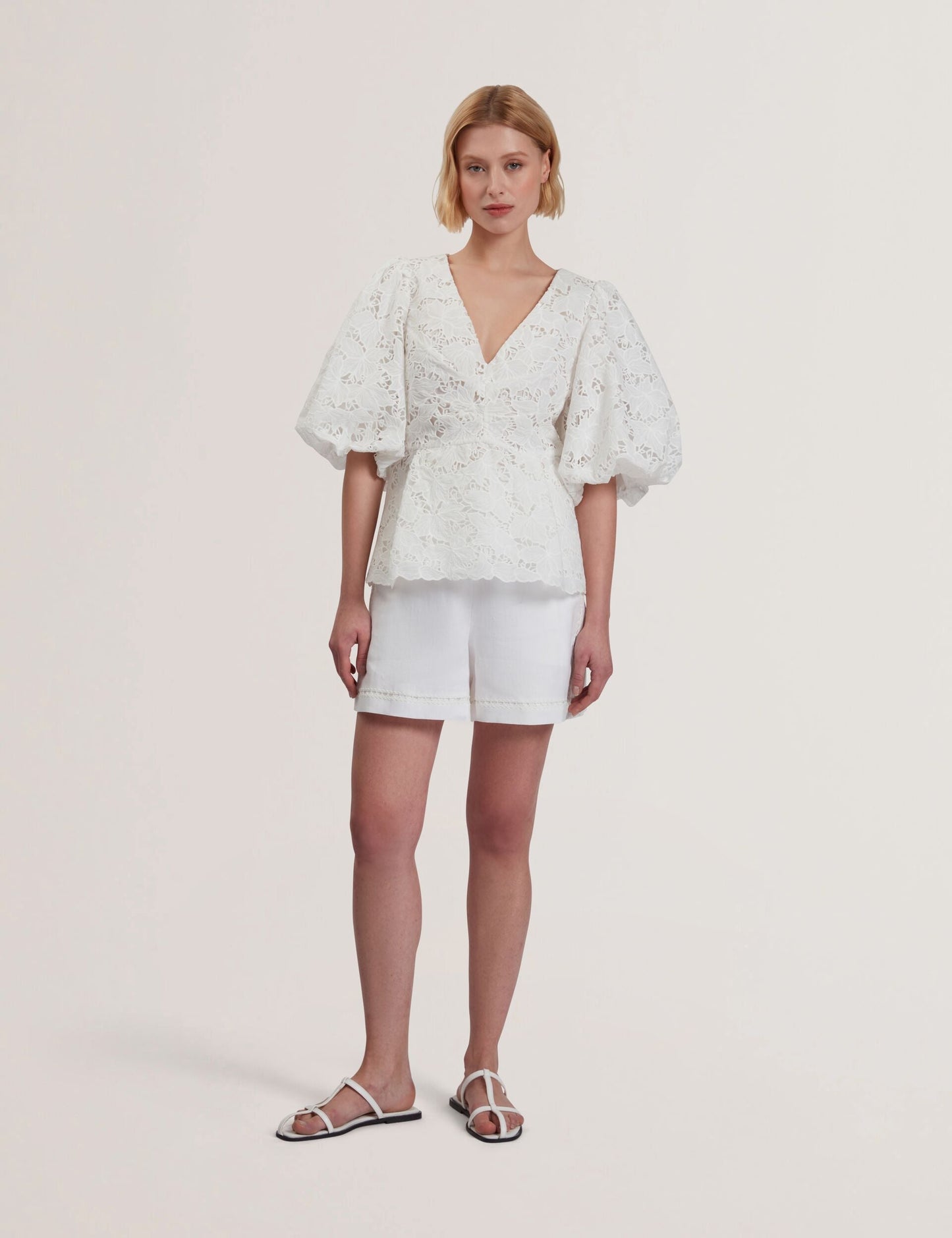 Ted Baker ELLARI - Lace Puff Sleeve V-Neck Peplum Top WHITE