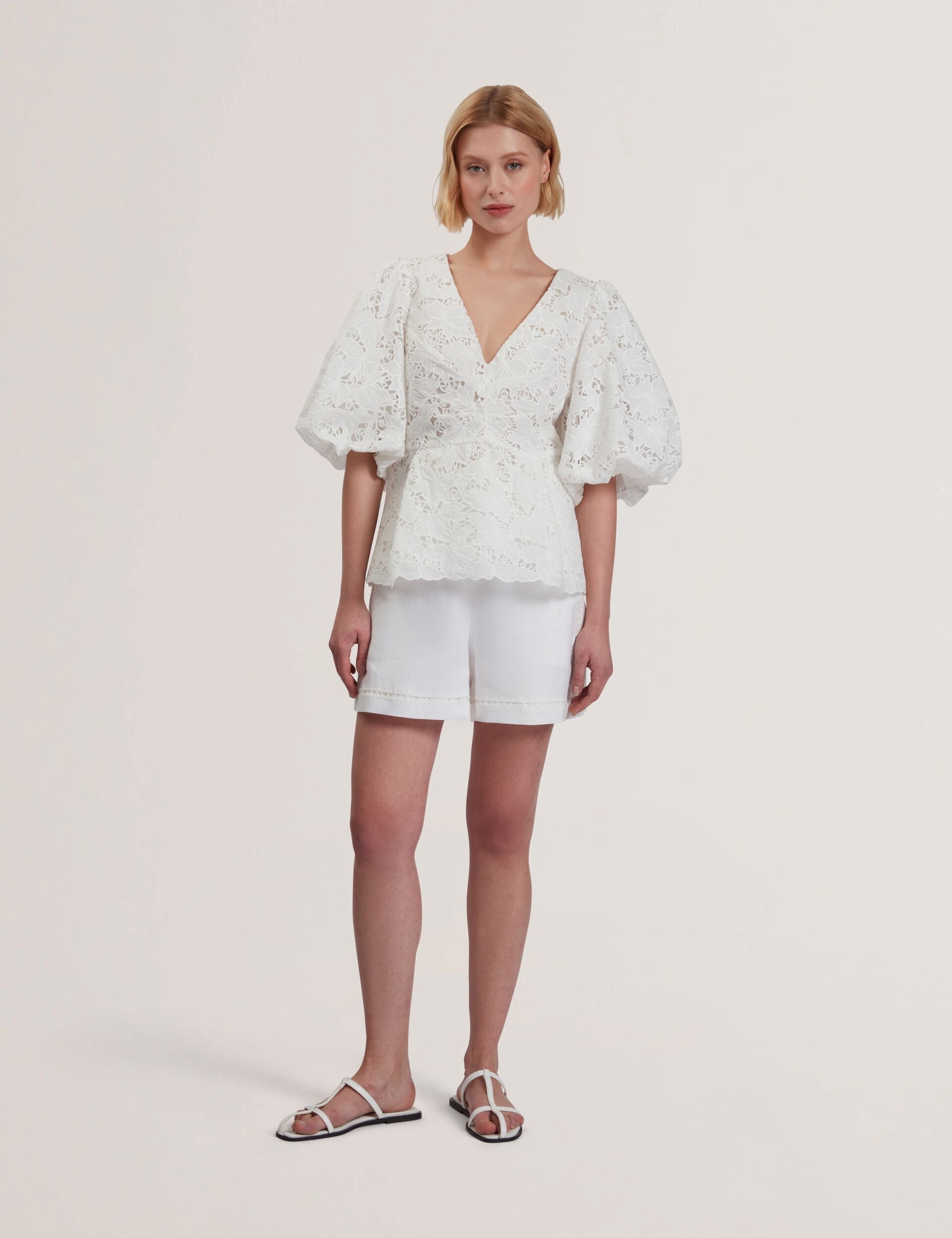 Ted Baker ELLARI - Lace Puff Sleeve V-Neck Peplum Top WHITE