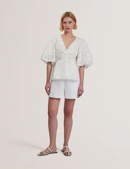 Ted Baker ELLARI - Lace Puff Sleeve V-Neck Peplum Top WHITE