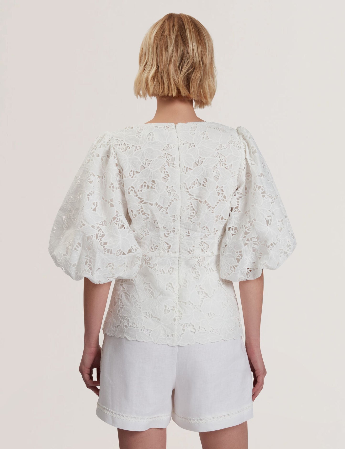 Ted Baker ELLARI - Lace Puff Sleeve V-Neck Peplum Top WHITE