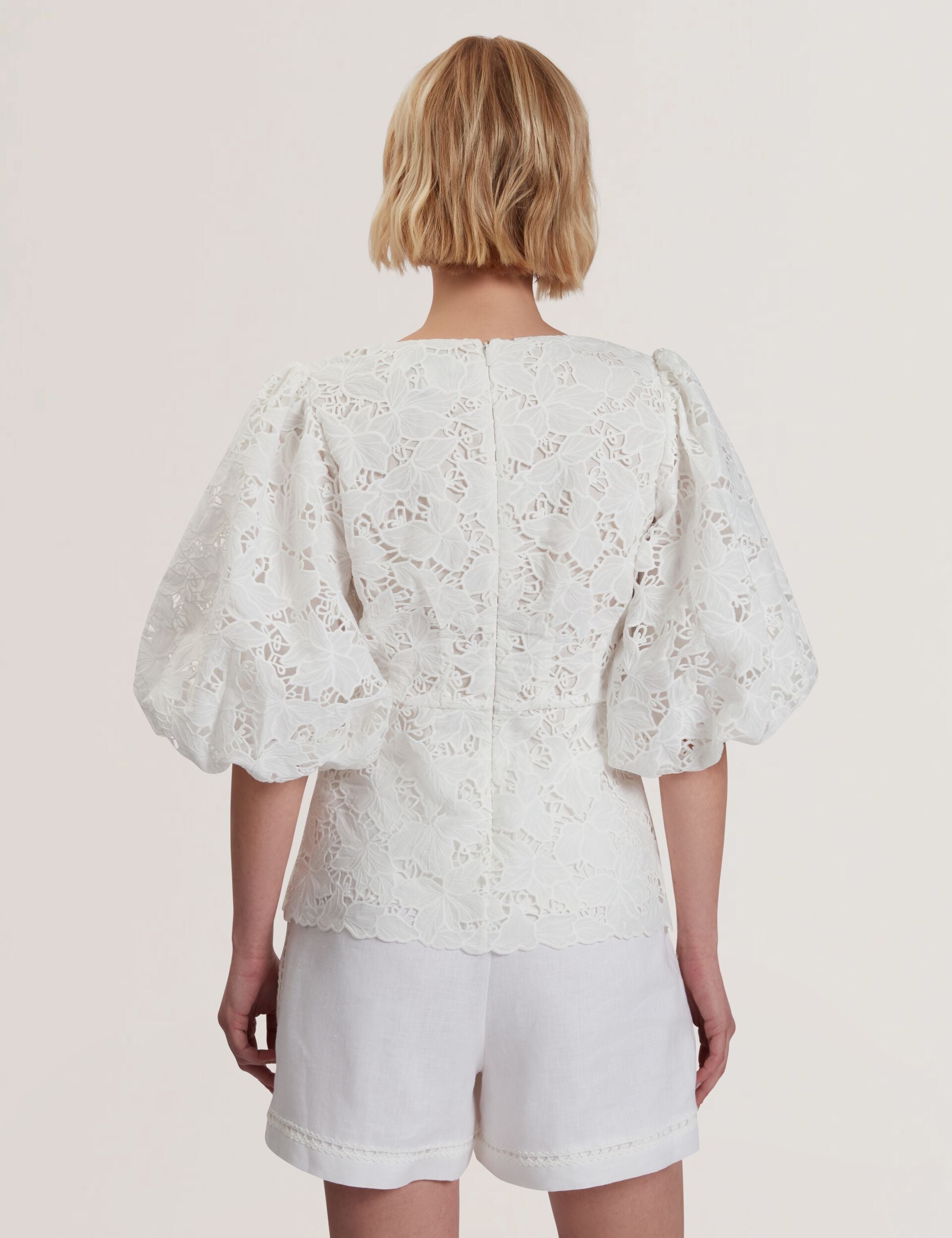 Ted Baker ELLARI - Lace Puff Sleeve V-Neck Peplum Top WHITE