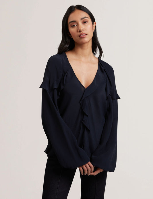 Ted Baker KAYFA - Waterfall Ruffle Trim Long Sleeve Blouse NAVY