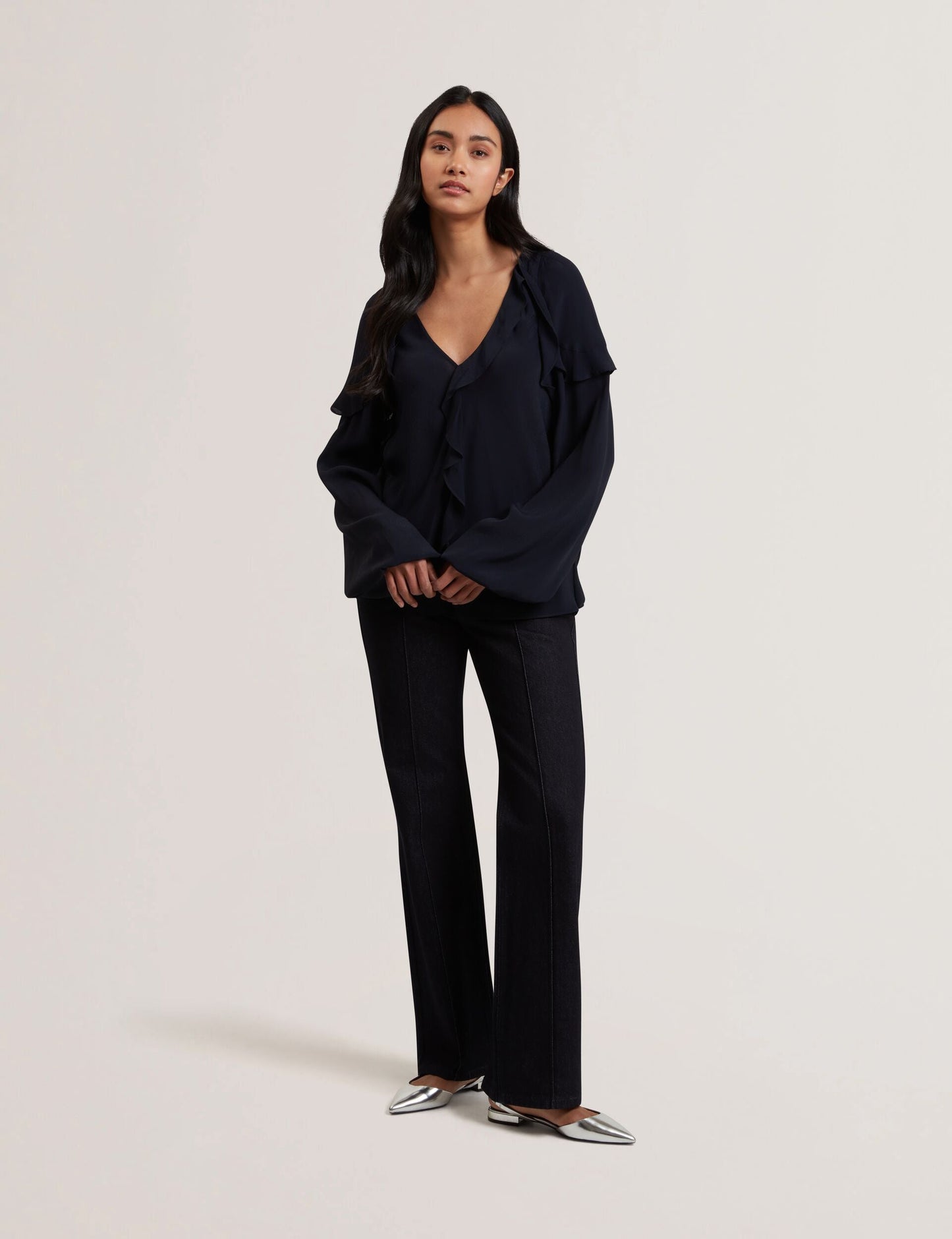 Ted Baker KAYFA - Waterfall Ruffle Trim Long Sleeve Blouse NAVY