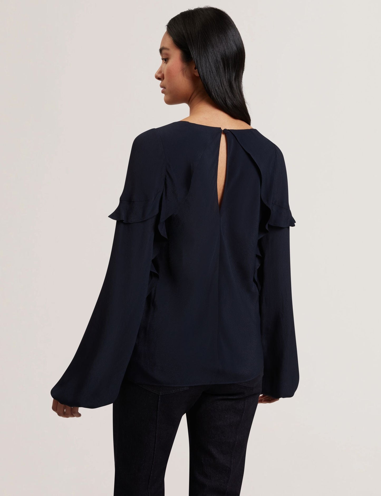 Ted Baker KAYFA - Waterfall Ruffle Trim Long Sleeve Blouse NAVY