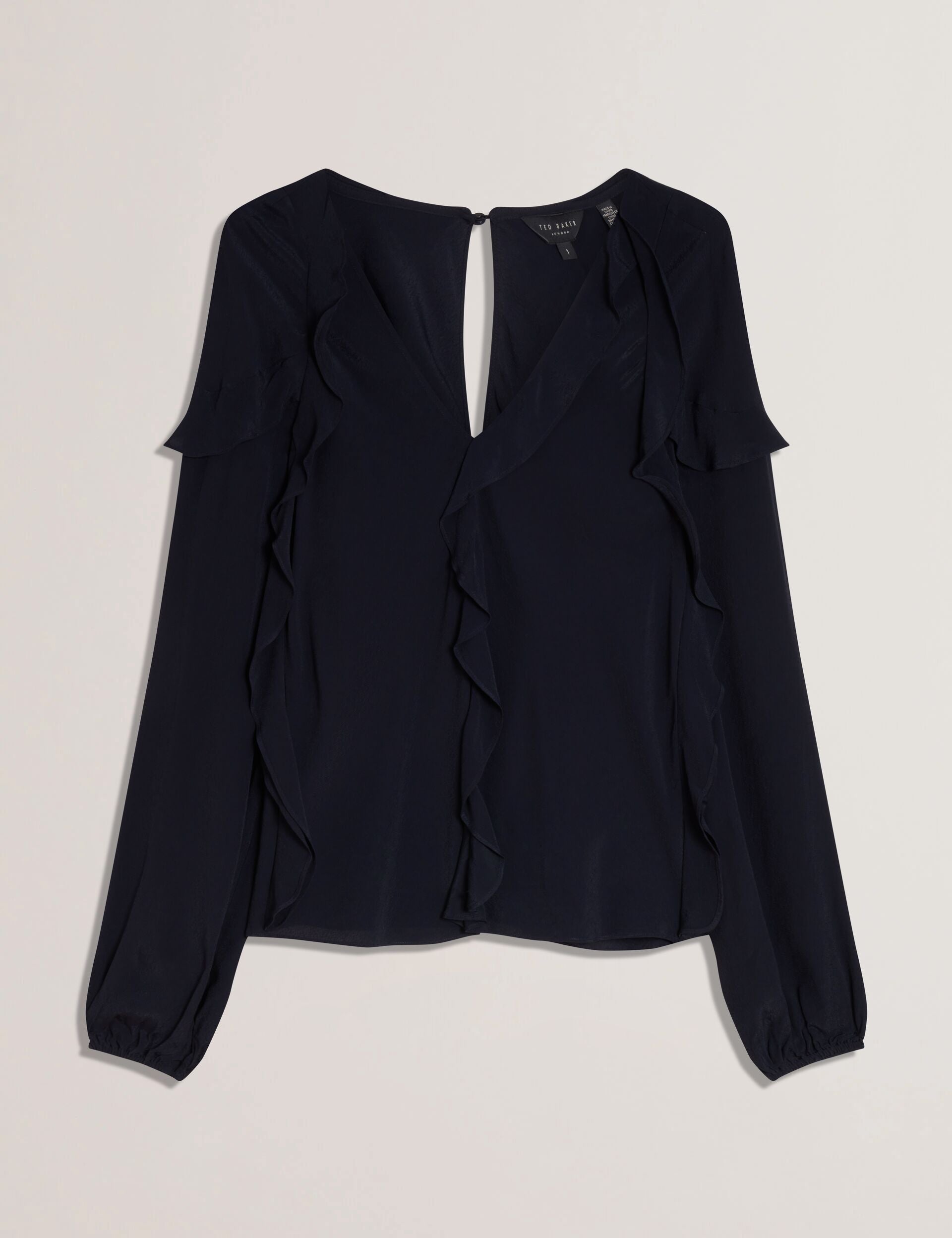 Ted Baker KAYFA - Waterfall Ruffle Trim Long Sleeve Blouse NAVY