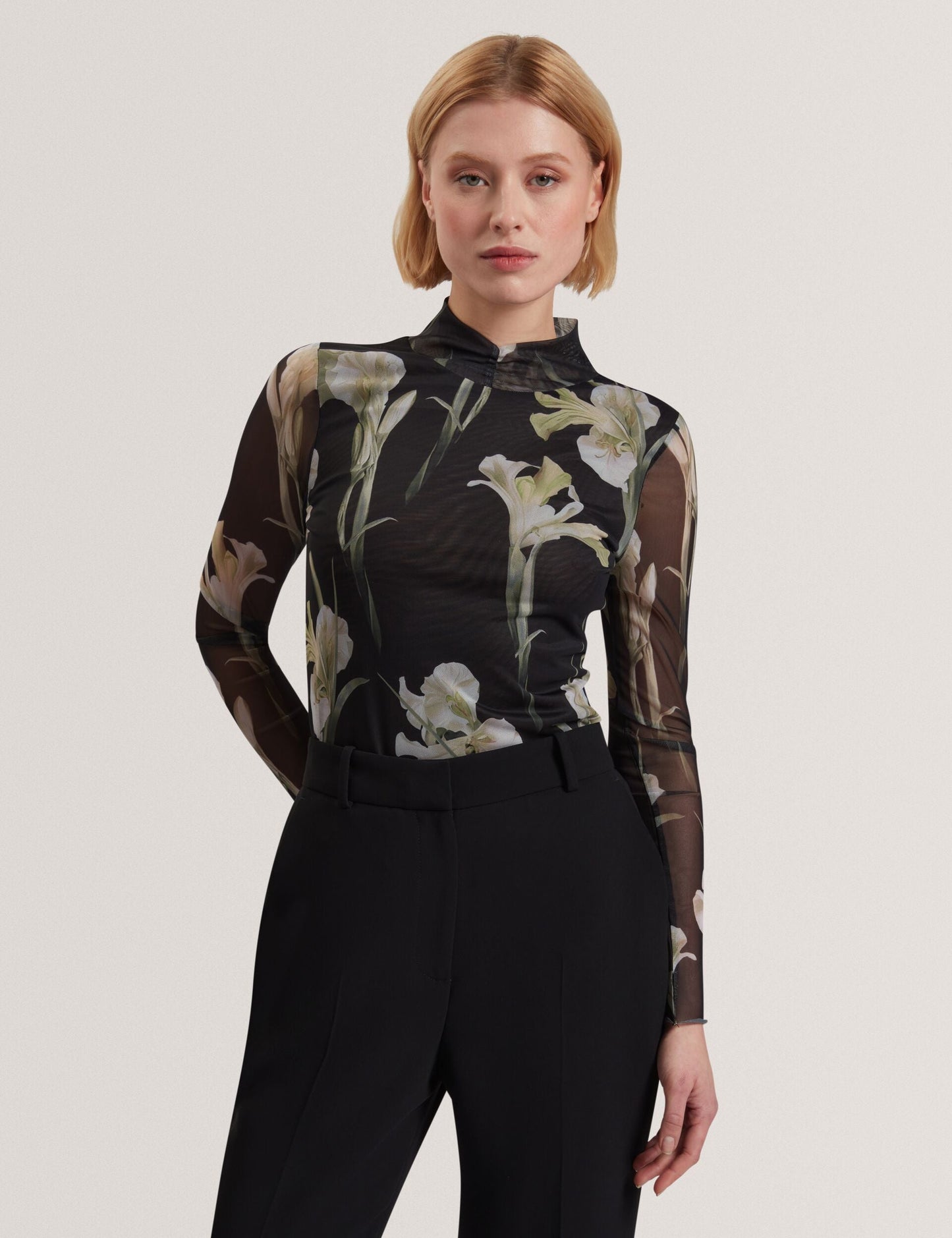 Ted Baker FIAAHH - Floral Print High Neck Sheer Mesh Top BLACK