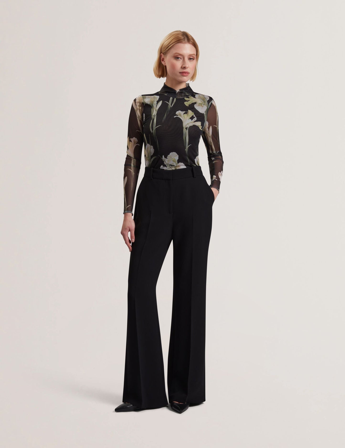 Ted Baker FIAAHH - Floral Print High Neck Sheer Mesh Top BLACK