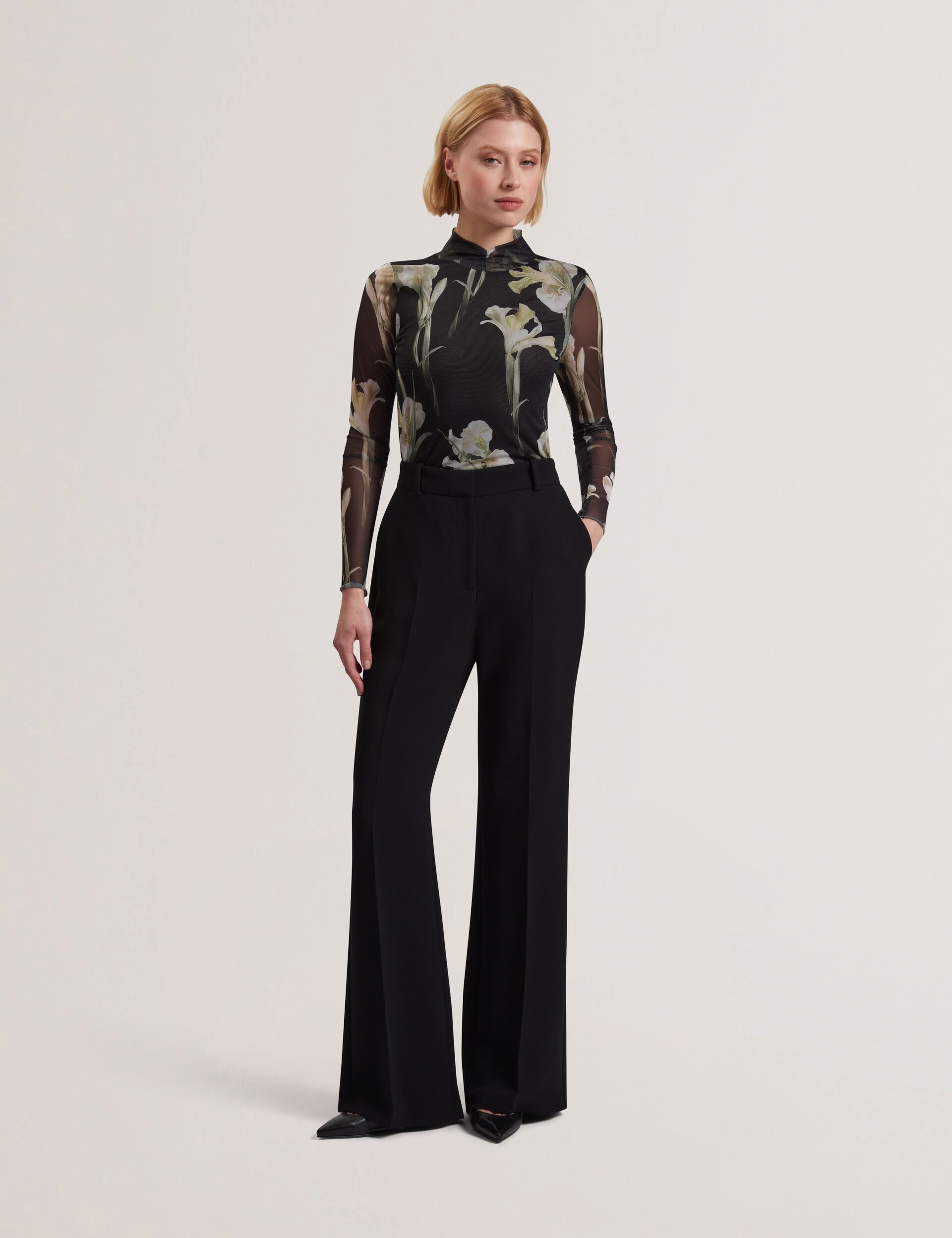 Ted Baker FIAAHH - Floral Print High Neck Sheer Mesh Top BLACK