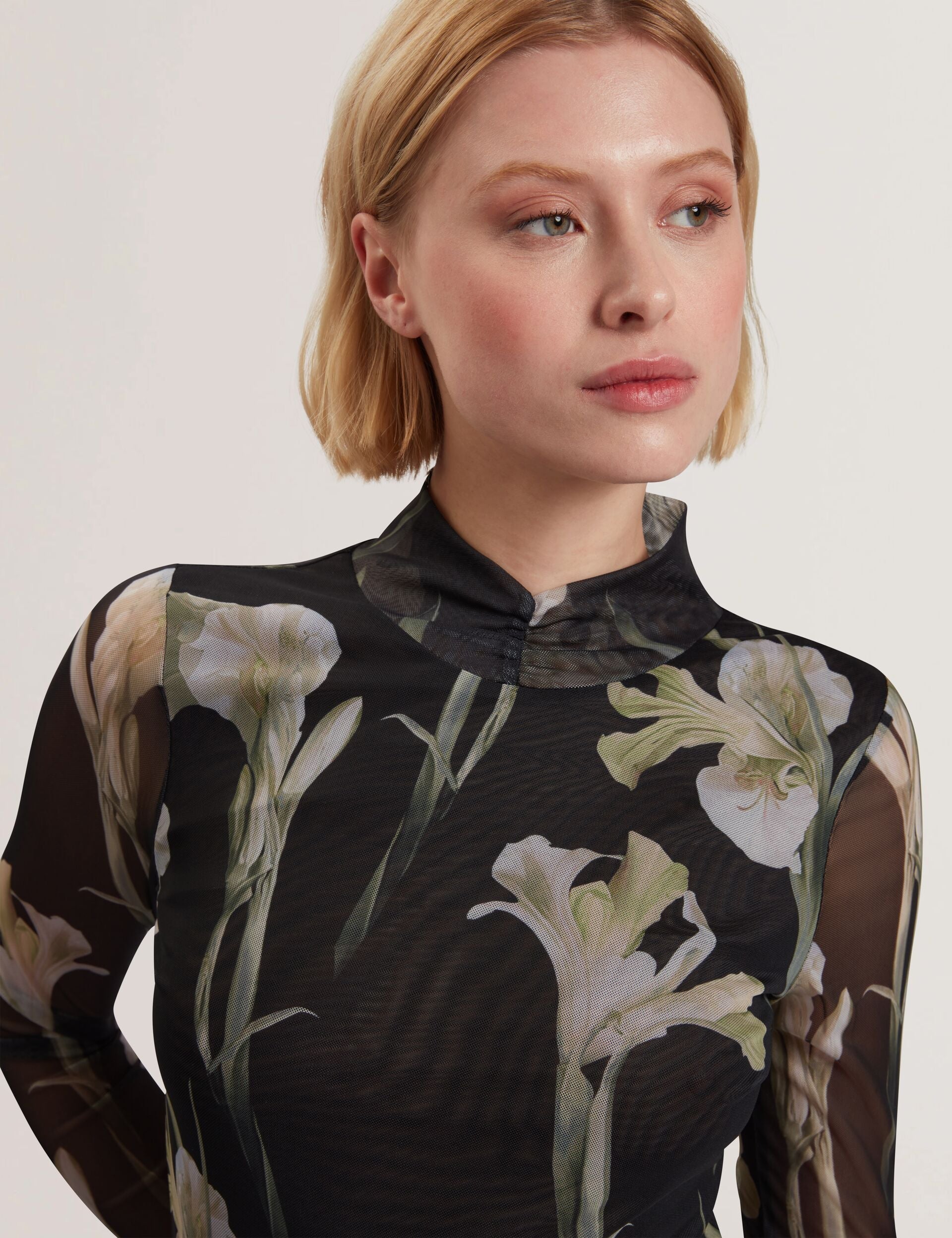 Ted Baker FIAAHH - Floral Print High Neck Sheer Mesh Top BLACK